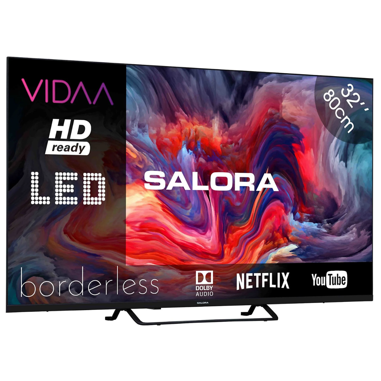 Een 32" Salora TV, zwarte lijst, abstracte achtergrond met Netflix- en YouTube-logo's.