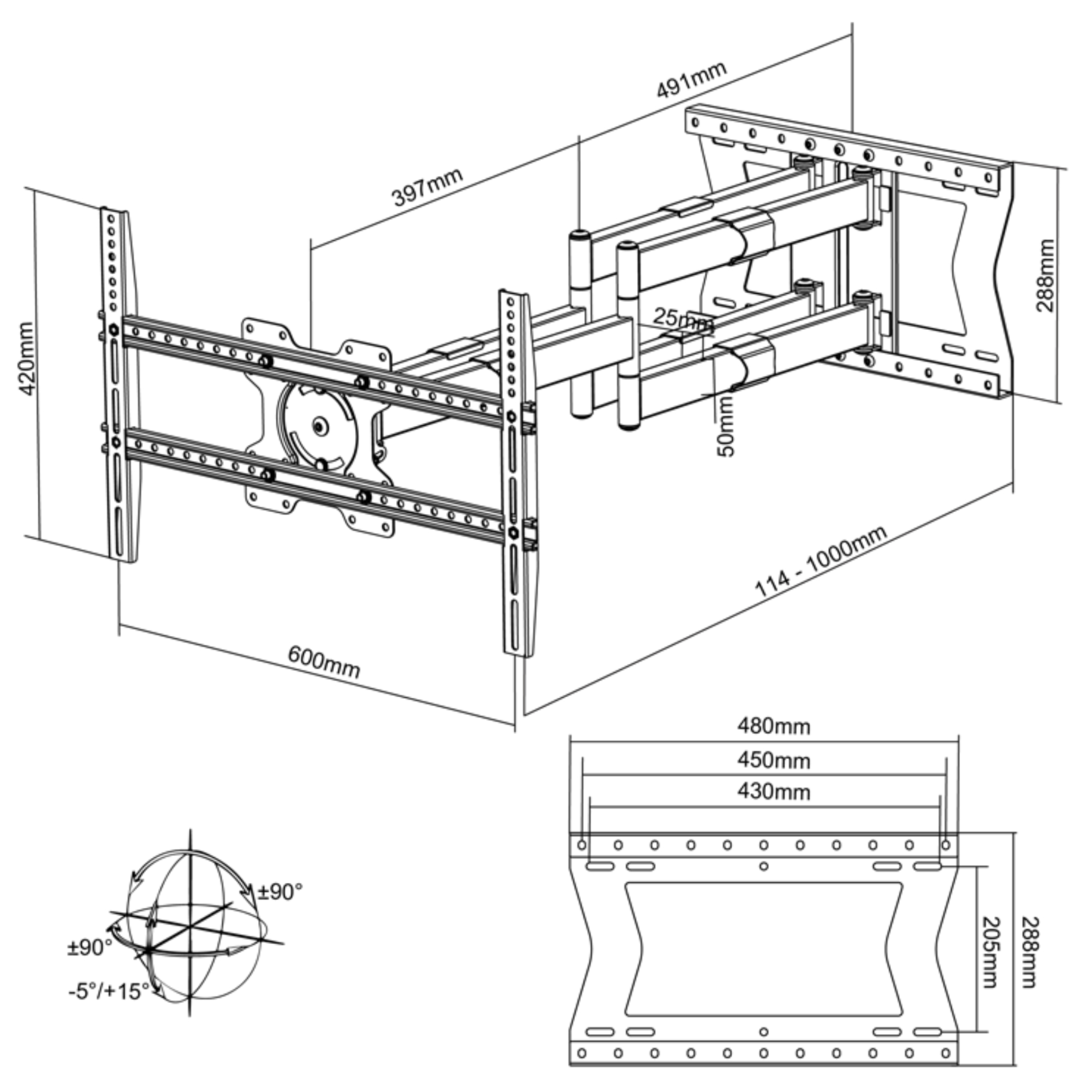 Schemat uchwytu ściennego do telewizora z wymiarami i pomiarami.