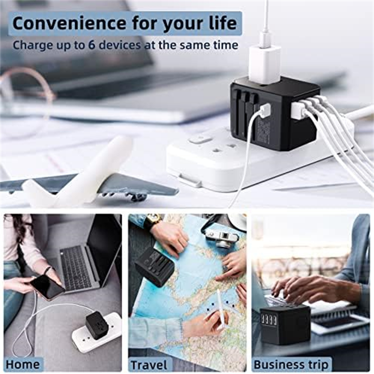 Ein Adapter, der mehrere Geräte auflädt. Szenen zeigen einen Laptop, eine Karte und eine Person, die Geräte zu Hause, auf Reisen und bei der Arbeit auflädt.