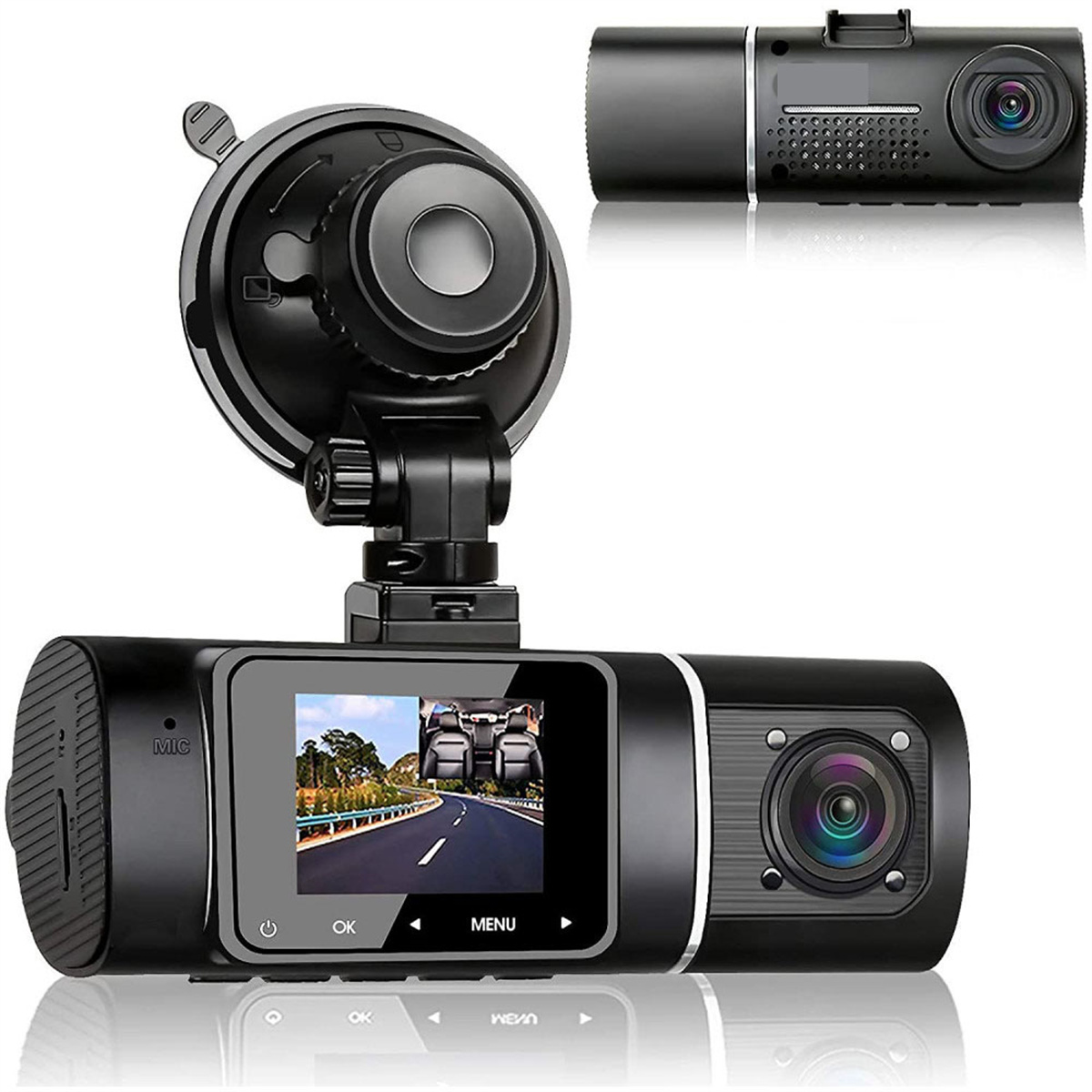 Schwarze Dashcam mit Bildschirm und Kamera, mit Saugnapf montiert. Zwei weitere Dashcams sichtbar.