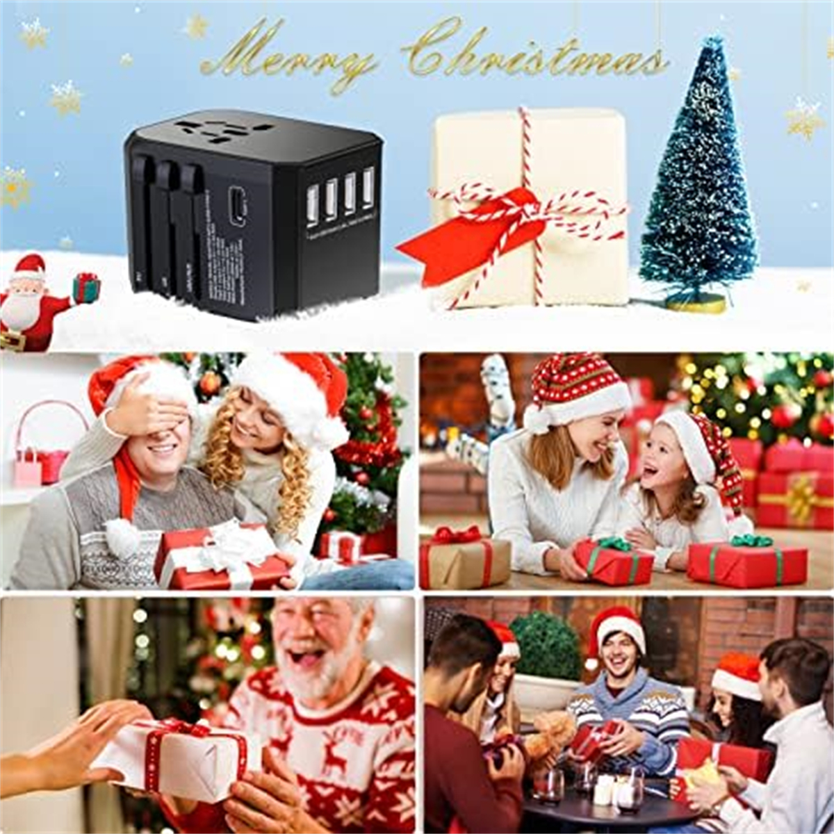 Weihnachtsszene mit Geschenken, feiernden Menschen, einem geschmückten Baum und einem schwarzen Stromadapter.