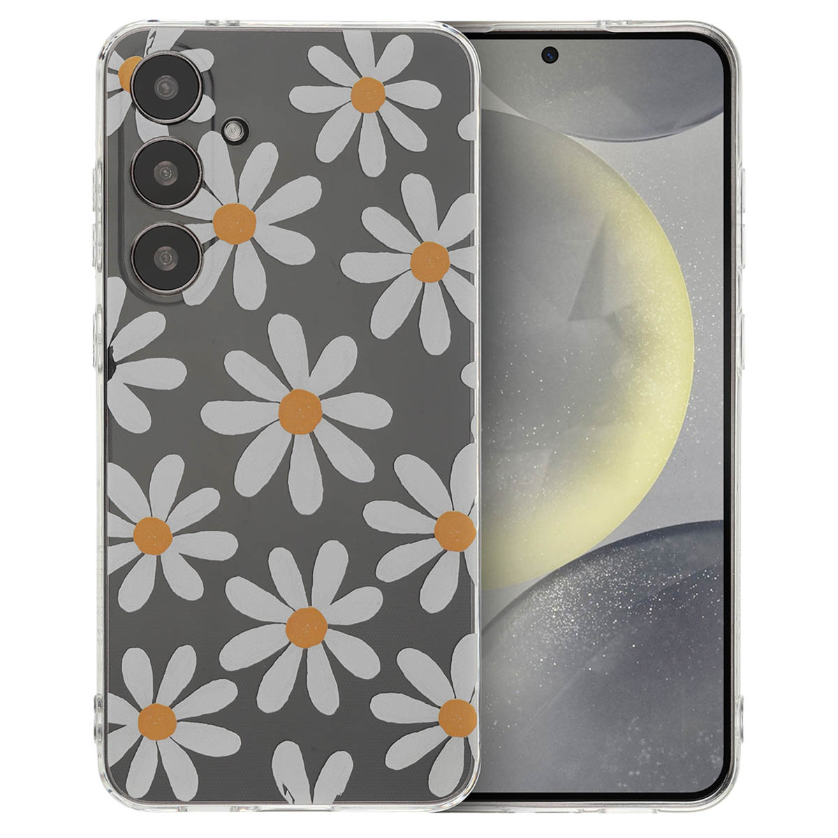 Coque de téléphone avec motif de marguerites sur un téléphone, coque transparente avec fond gris.