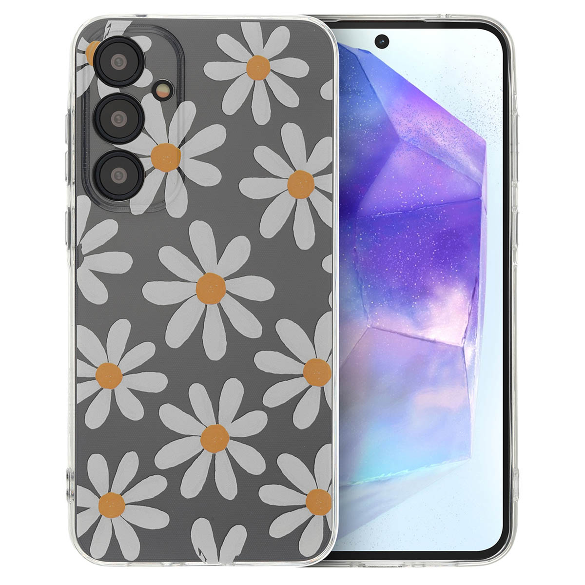 Een smartphone met een hoesje met madeliefpatroon, met de drievoudige camera-opstelling.