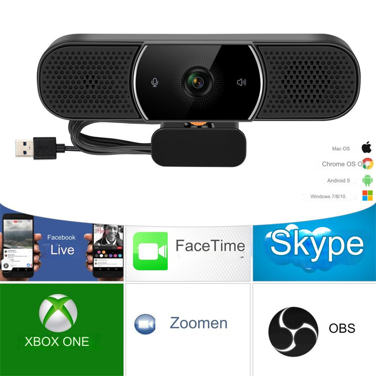 Schwarze Webcam mit Lautsprechergittern, Kamera und Logos für Mac, Chrome, Android, Windows und Apps.