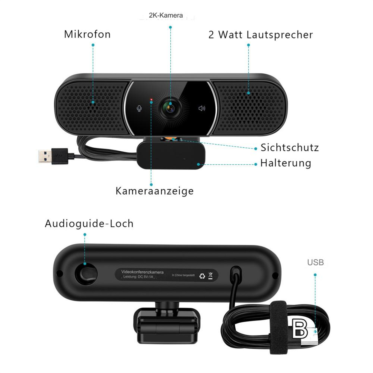 Eine schwarze Webcam mit Kamera, Mikrofon und Lautsprechern, mit Beschriftungen auf Deutsch.