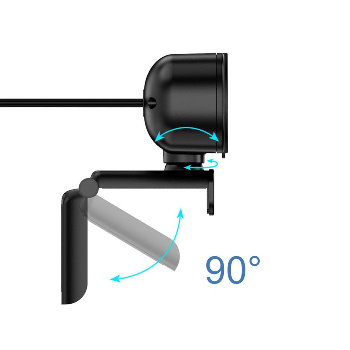 Eine schwarze Webcam mit einstellbarer Neigung. Blaue Pfeile zeigen den Neigungswinkel an.