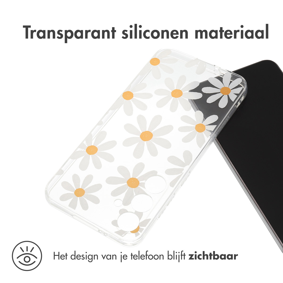 Une coque de téléphone avec un motif de marguerites et un design transparent. Le design du téléphone est visible.