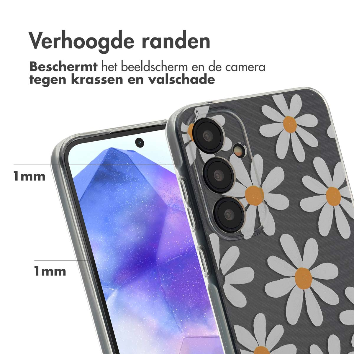 Close-up van telefoonhoesje. Het heeft een madeliefjespatroon en verhoogde randen.