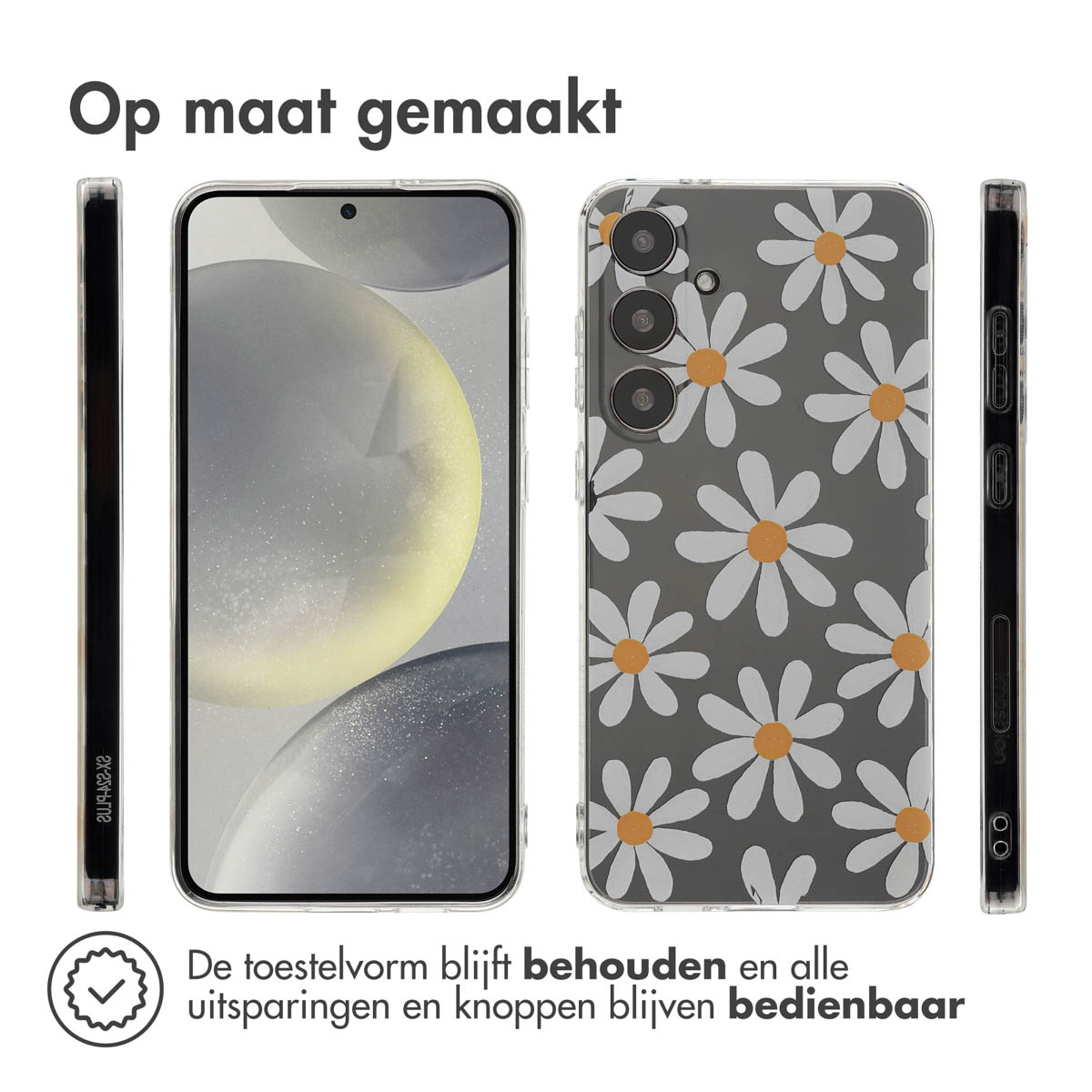 Téléphone avec coque marguerites. Trois angles. Texte : Sur mesure, garde forme, boutons accessibles.