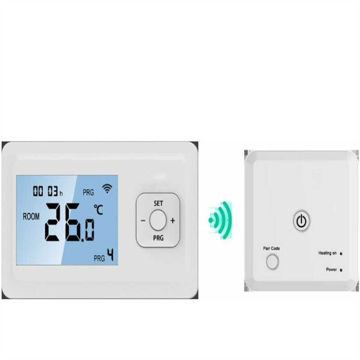 Ein weißes Thermostat mit Display und eine Steuereinheit, beide mit Funksymbolen.