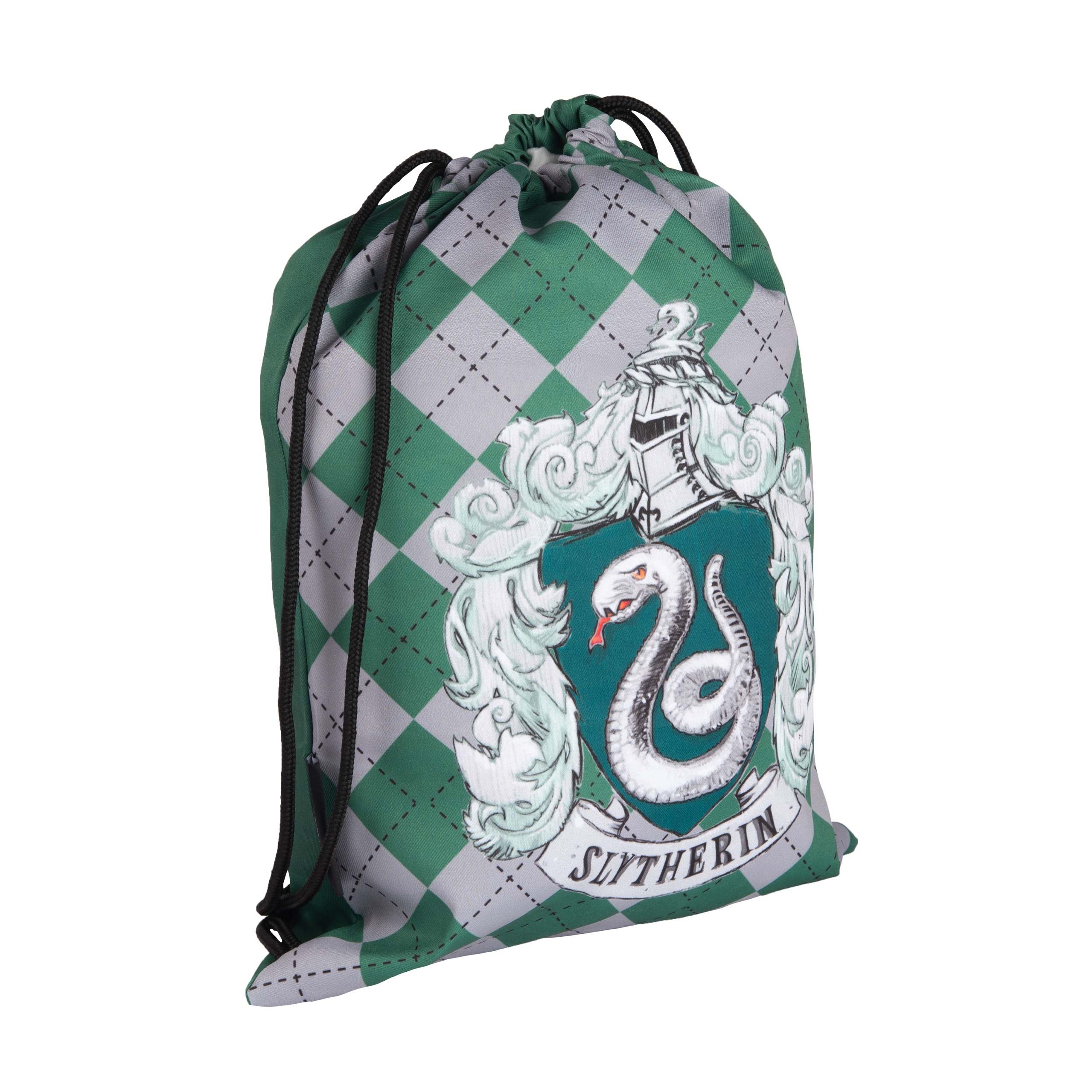 Slytherin-Tasche. Grün-graues Rautenmuster mit Slytherin-Wappen und Kordelzug.