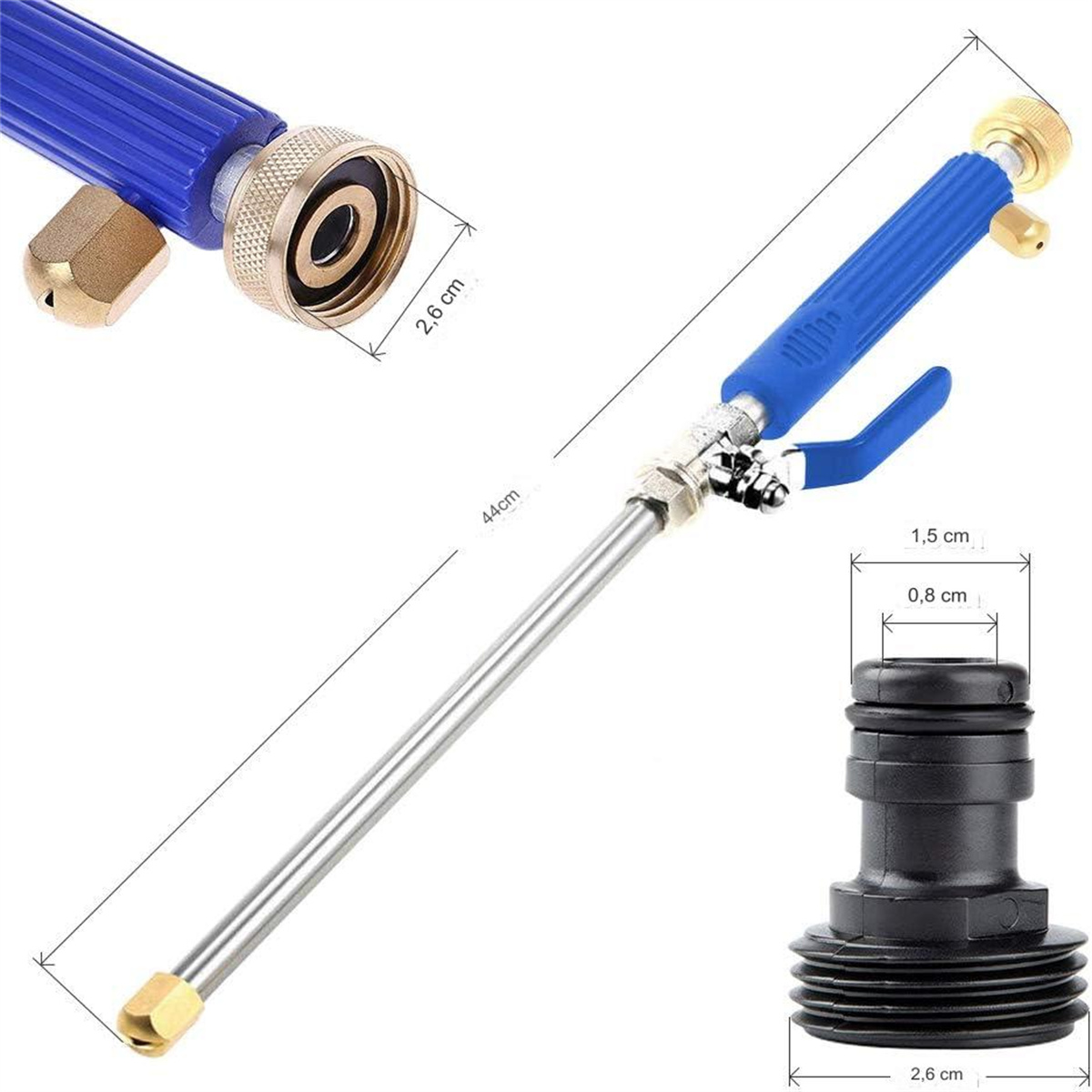 Blaue Spritzpistole mit Maßen, verbunden mit einem schwarzen Wasseradapter.