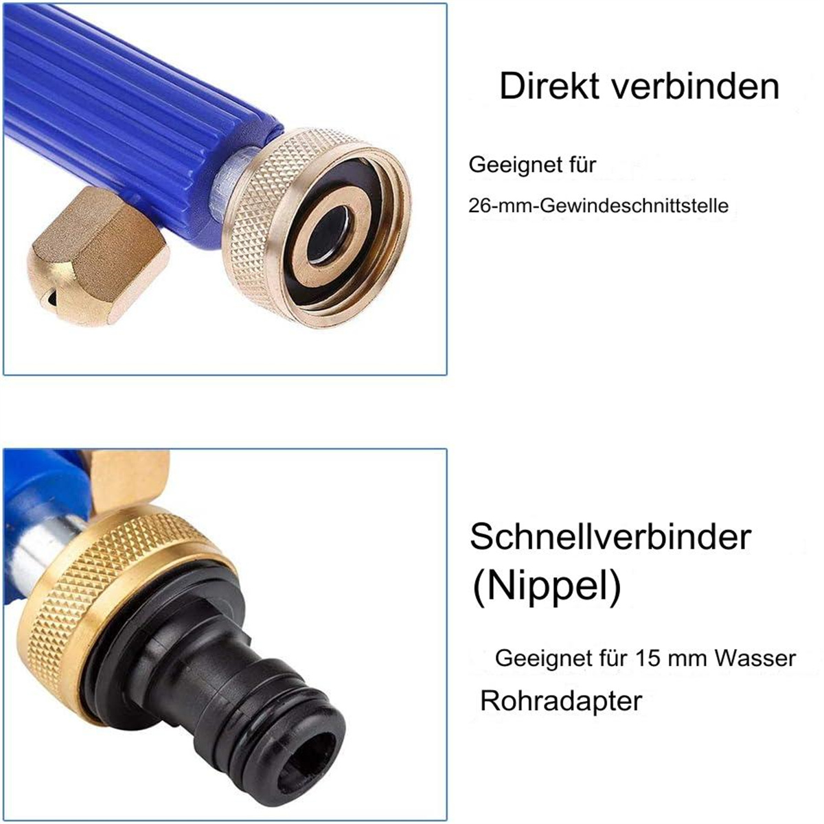 Zwei Nahaufnahmen von Schlauchaufsätzen. Einer ist blau, der andere Messing.