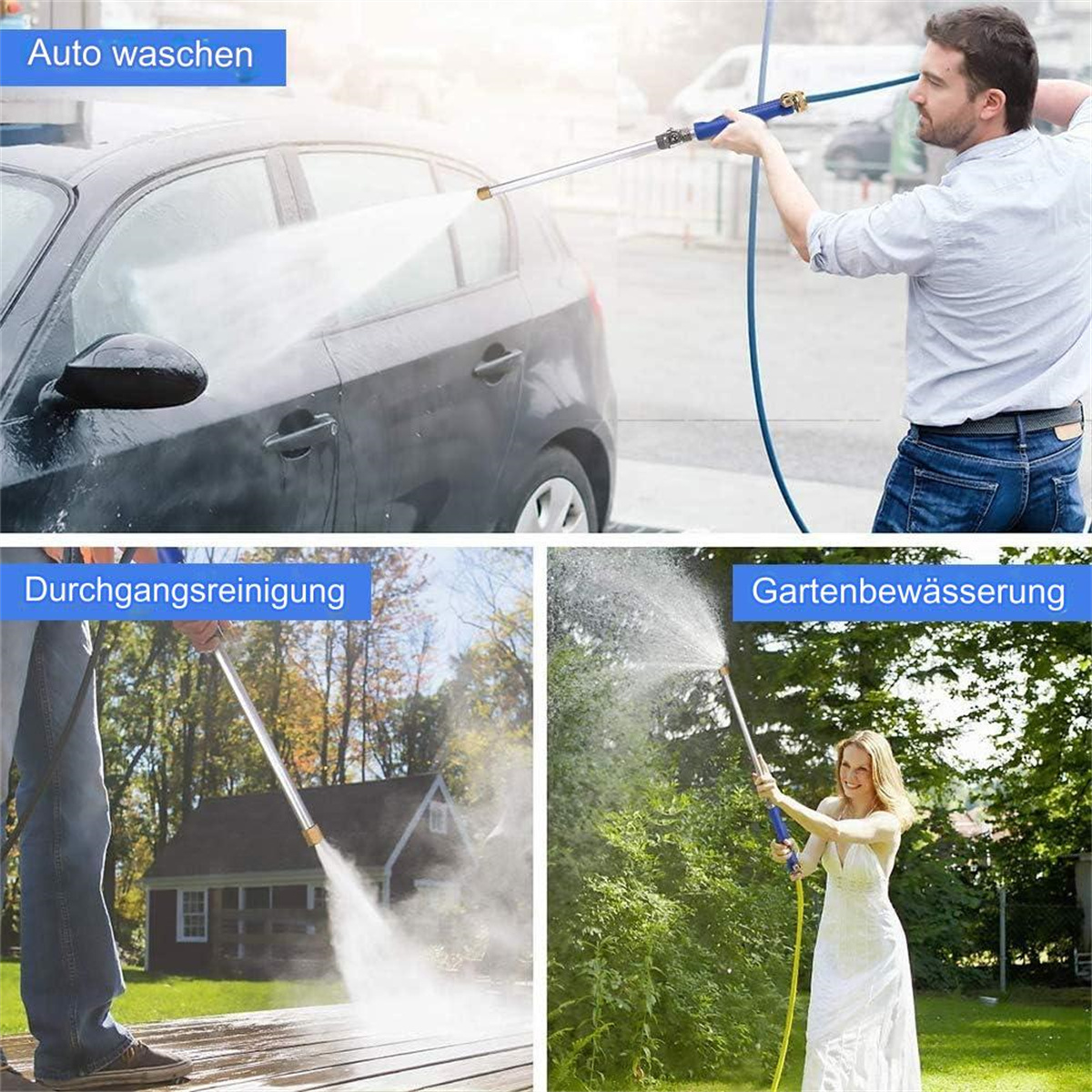 Drei Tafeln zeigen Autowäsche, Reinigung und Gartenarbeit mit einer Spritzpistole.