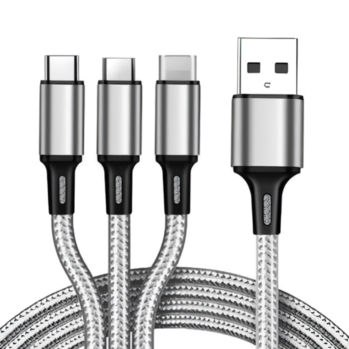 Cables USB con múltiples conectores: USB-C, USB-C, Lightning y USB-A. Plata y negro.