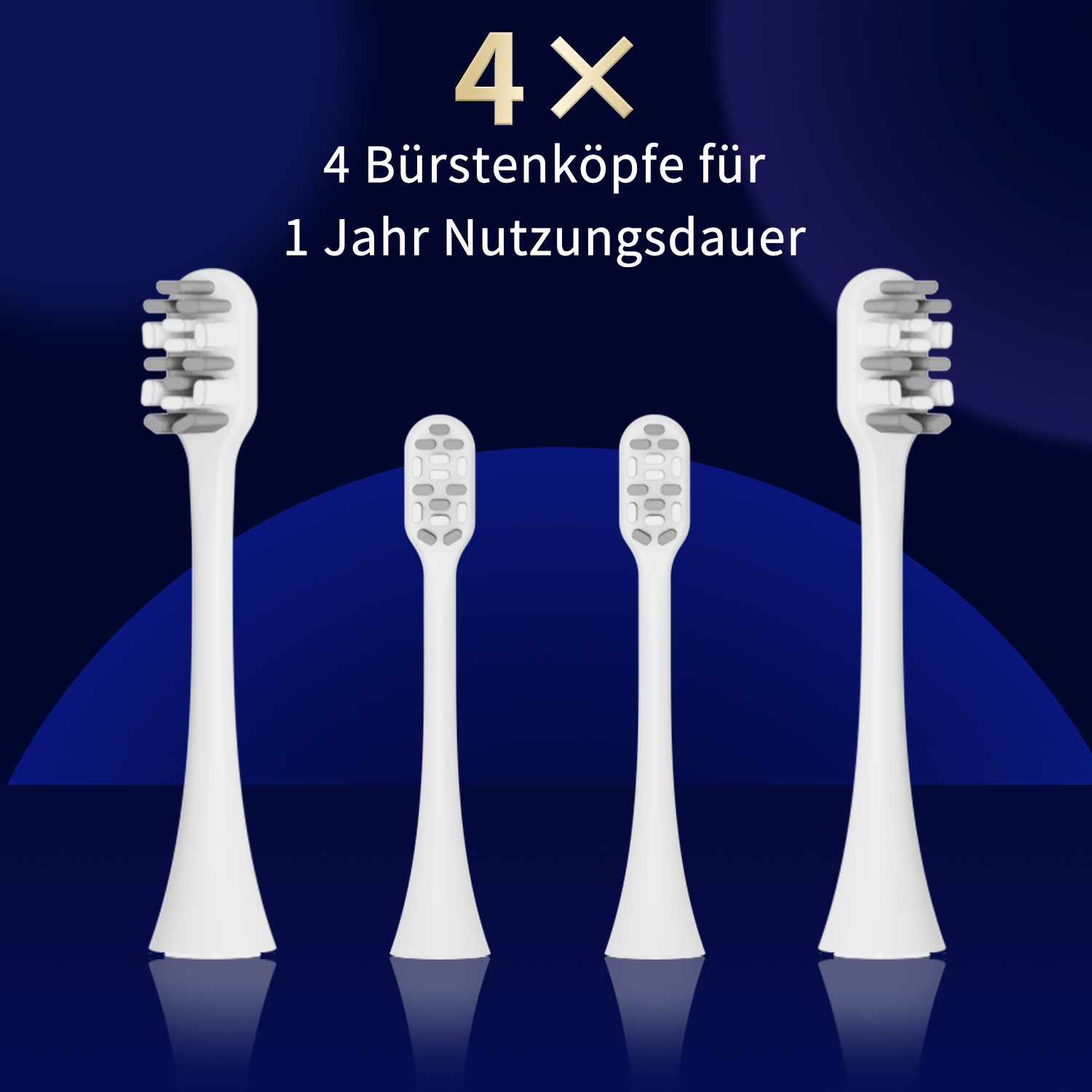 Vier weiße Zahnbürstenköpfe. Text: '4 Bürstenköpfe für 1 Jahr Nutzungsdauer' auf blauem Hintergrund.