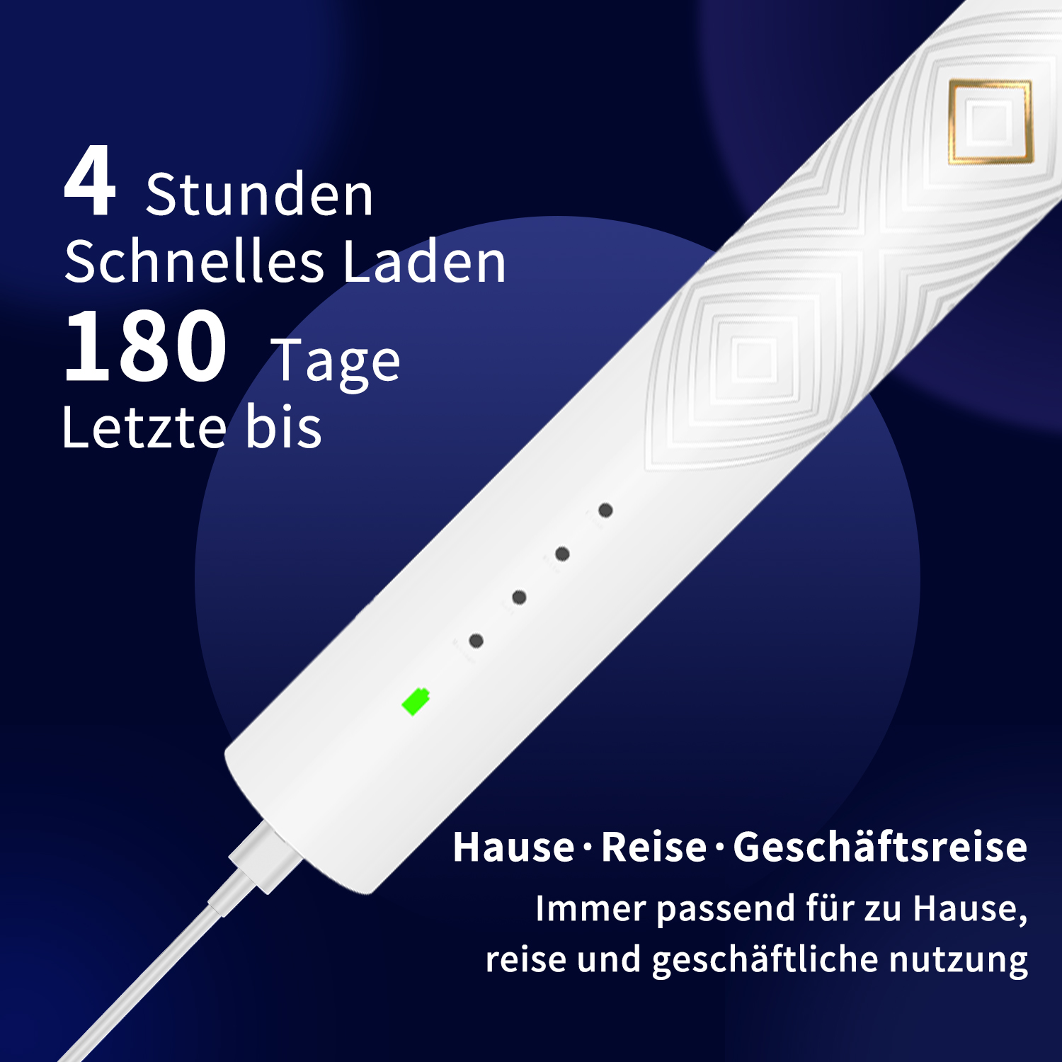 Weißes Gerät mit Ladekabel und Text über schnelles Laden.