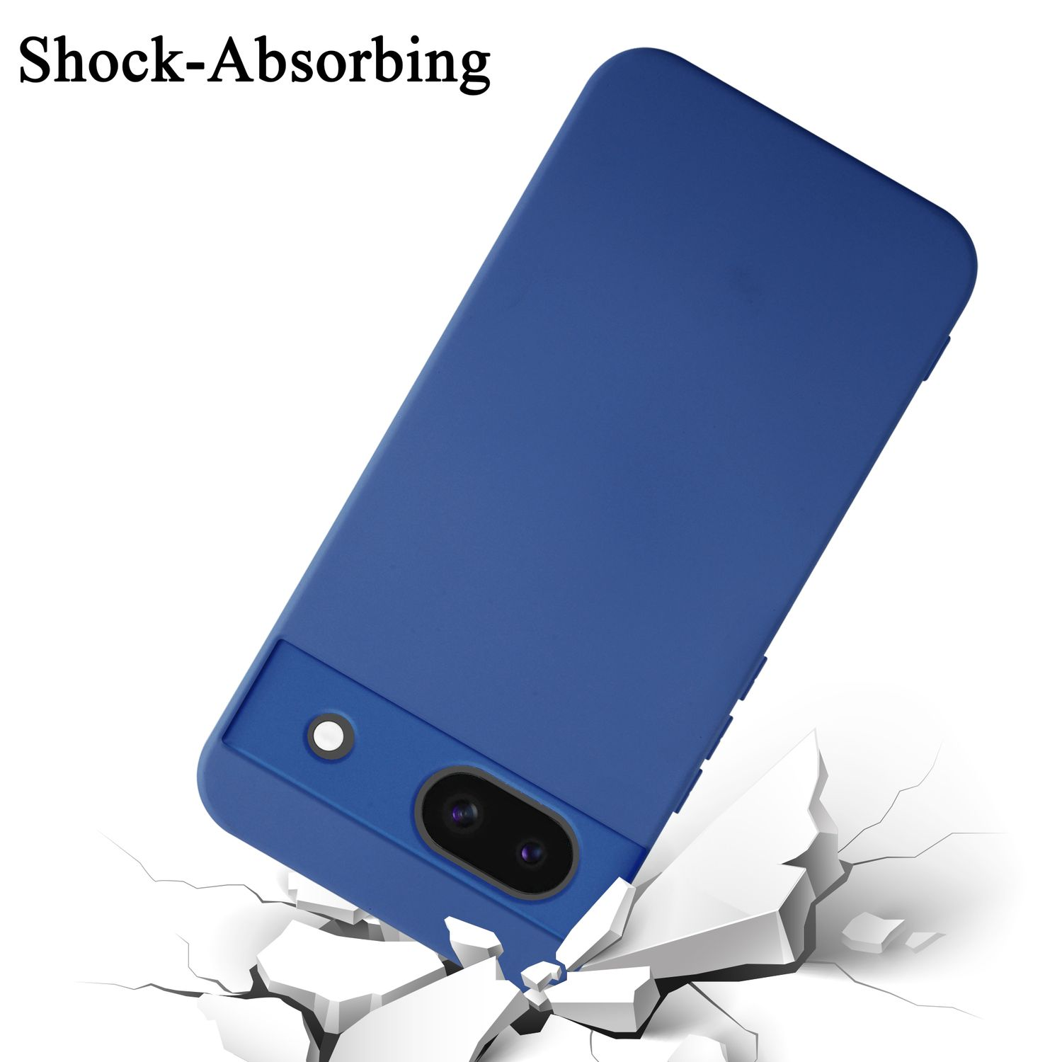 Una custodia blu per telefono con un ritaglio per la fotocamera. È posizionata su una superficie rotta.