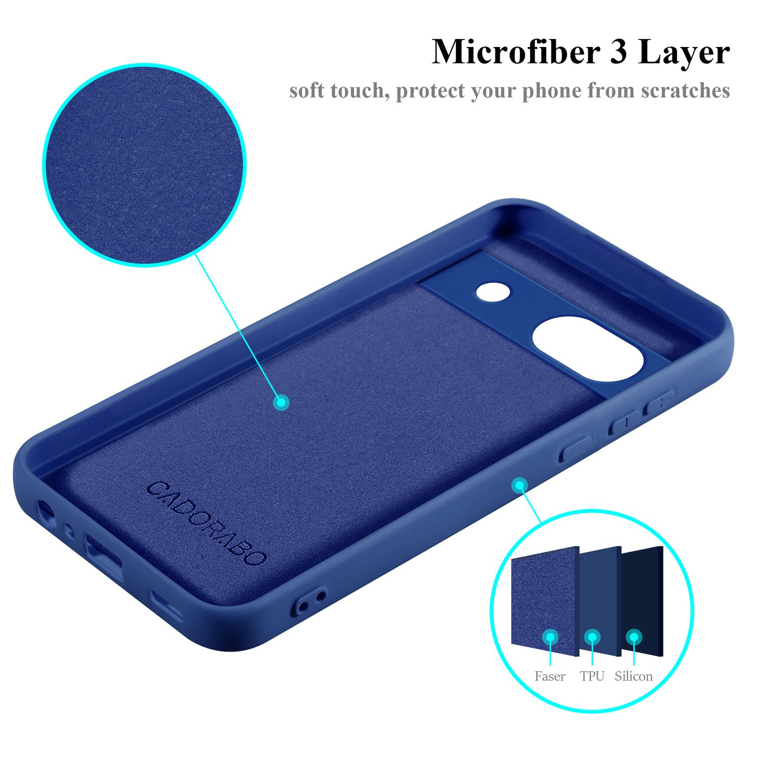 Una custodia per telefono blu con uno strato in microfibra, uno strato in TPU e uno strato in silicone, con il marchio CADORABO.