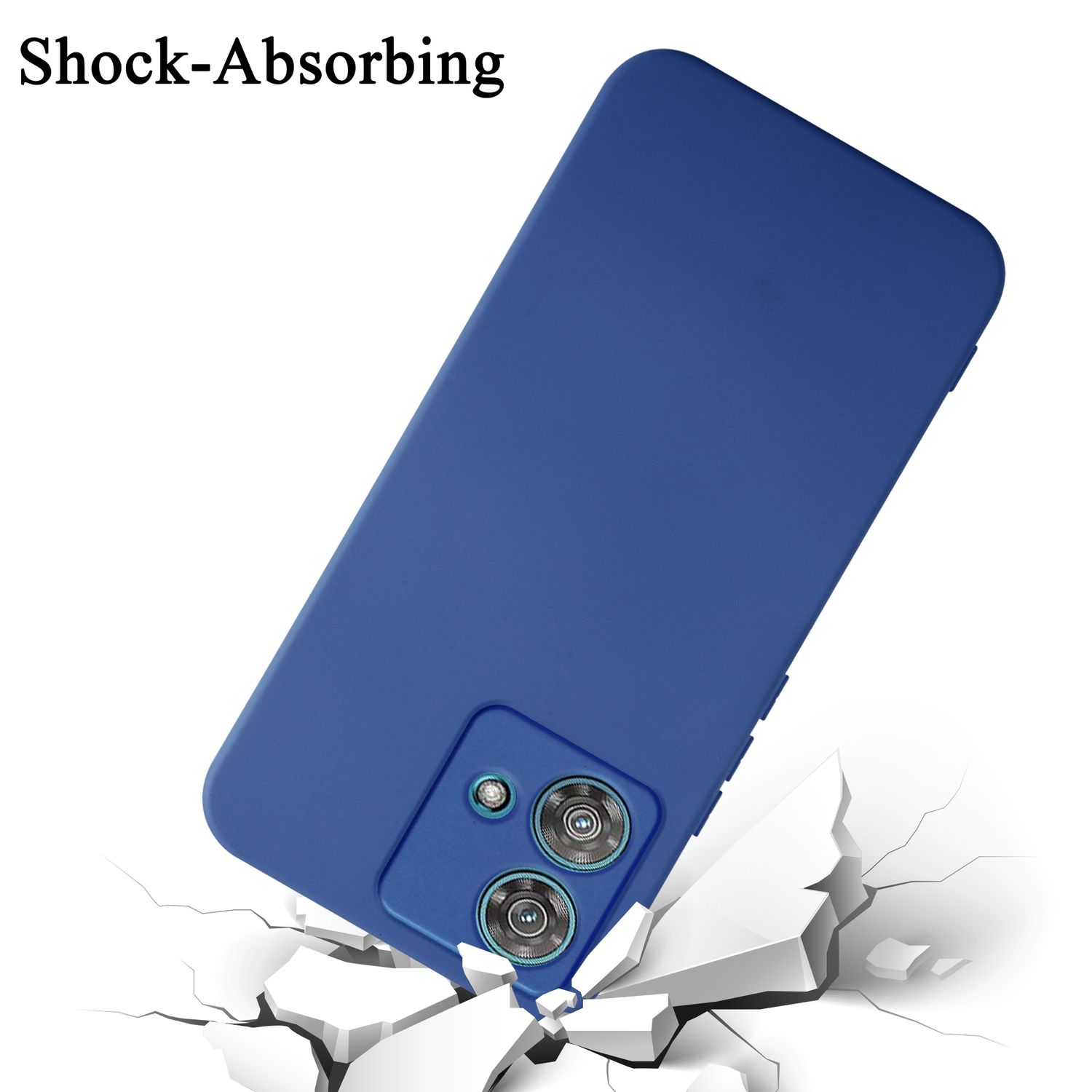 Viene mostrata una custodia blu per telefono, con crepe da impatto che illustrano l'assorbimento degli urti.