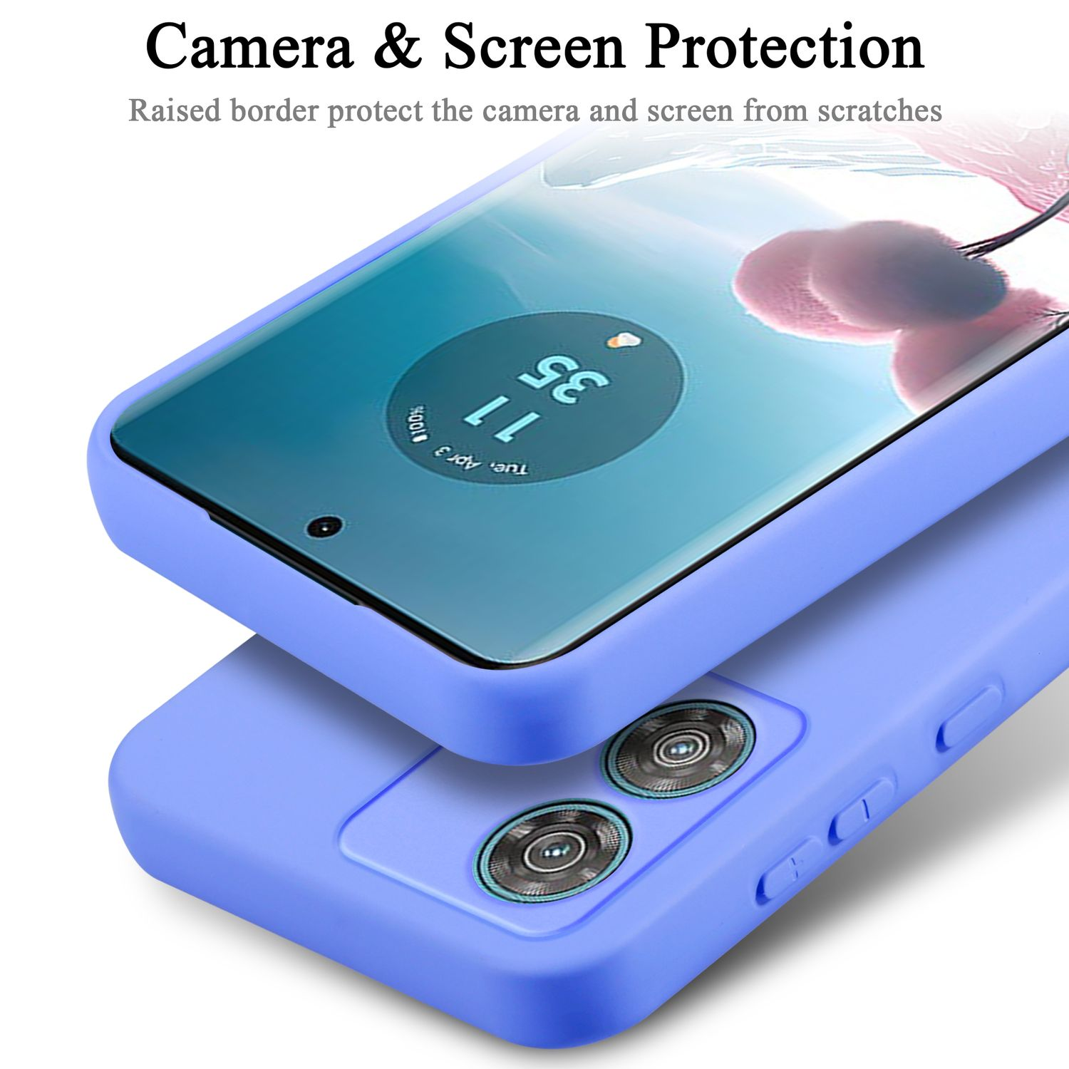 Un primo piano di una custodia per telefono con un telefono all'interno. La custodia è azzurra e protegge la fotocamera e lo schermo.