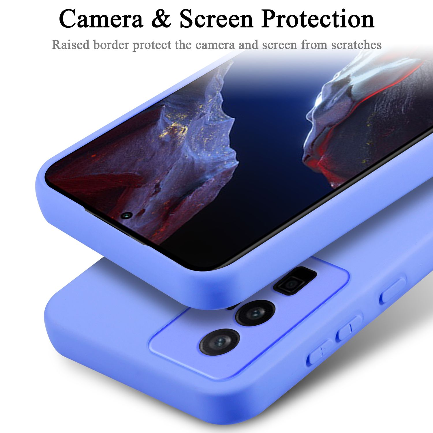 Primo piano di una custodia blu per telefono con un telefono all'interno. I bordi rialzati proteggono la fotocamera e lo schermo.