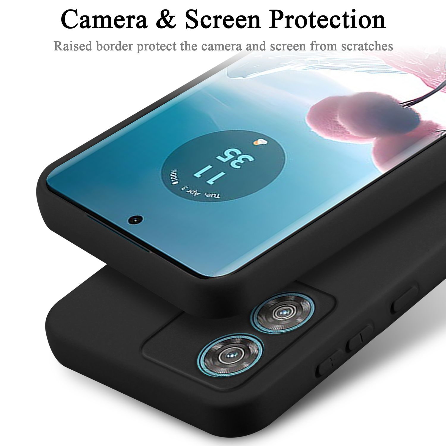 Due custodie per telefono nere sono impilate, mostrando le caratteristiche di protezione della fotocamera e dello schermo.