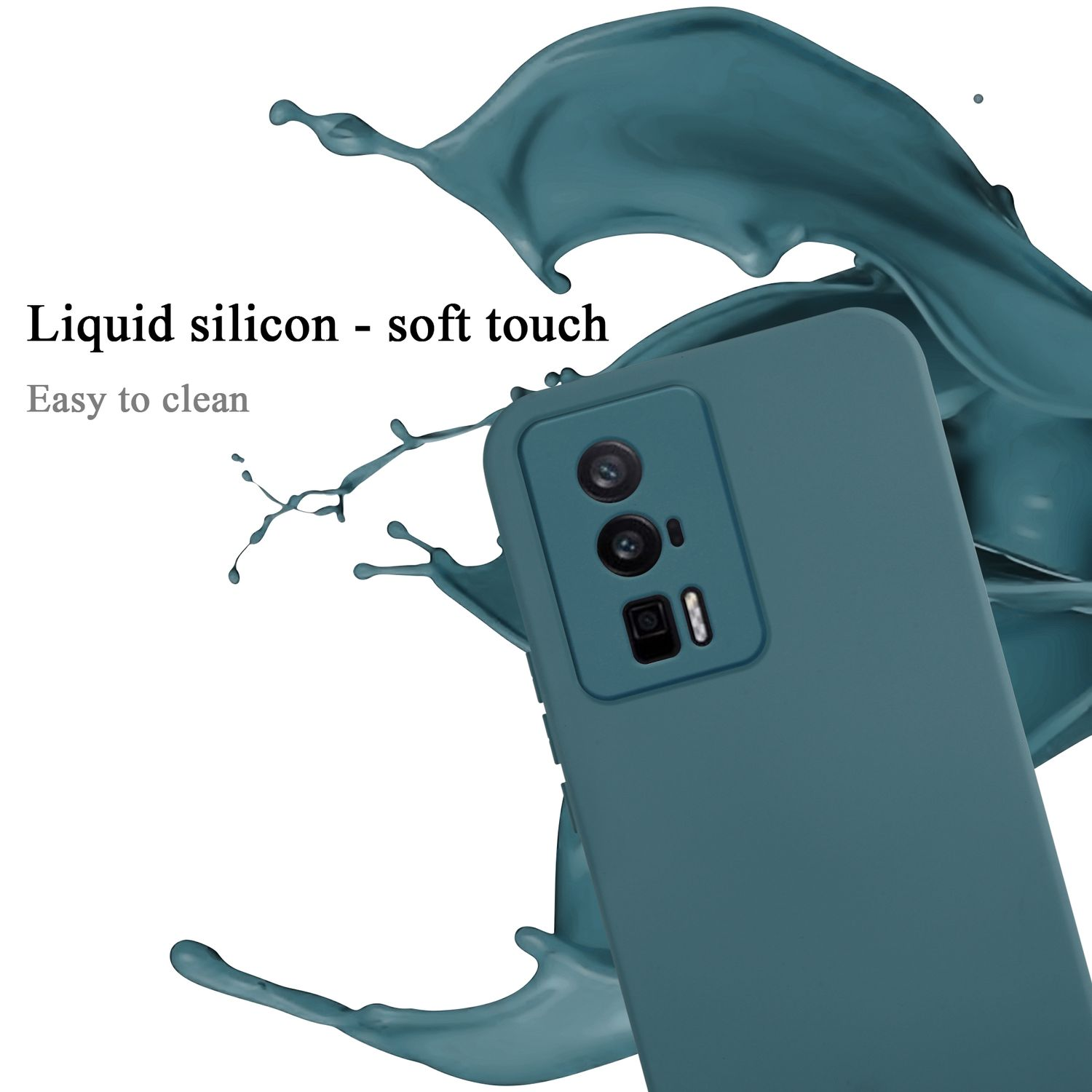 Custodia blu per telefono con due fori per la fotocamera. Schizzo di liquido verde sullo sfondo.