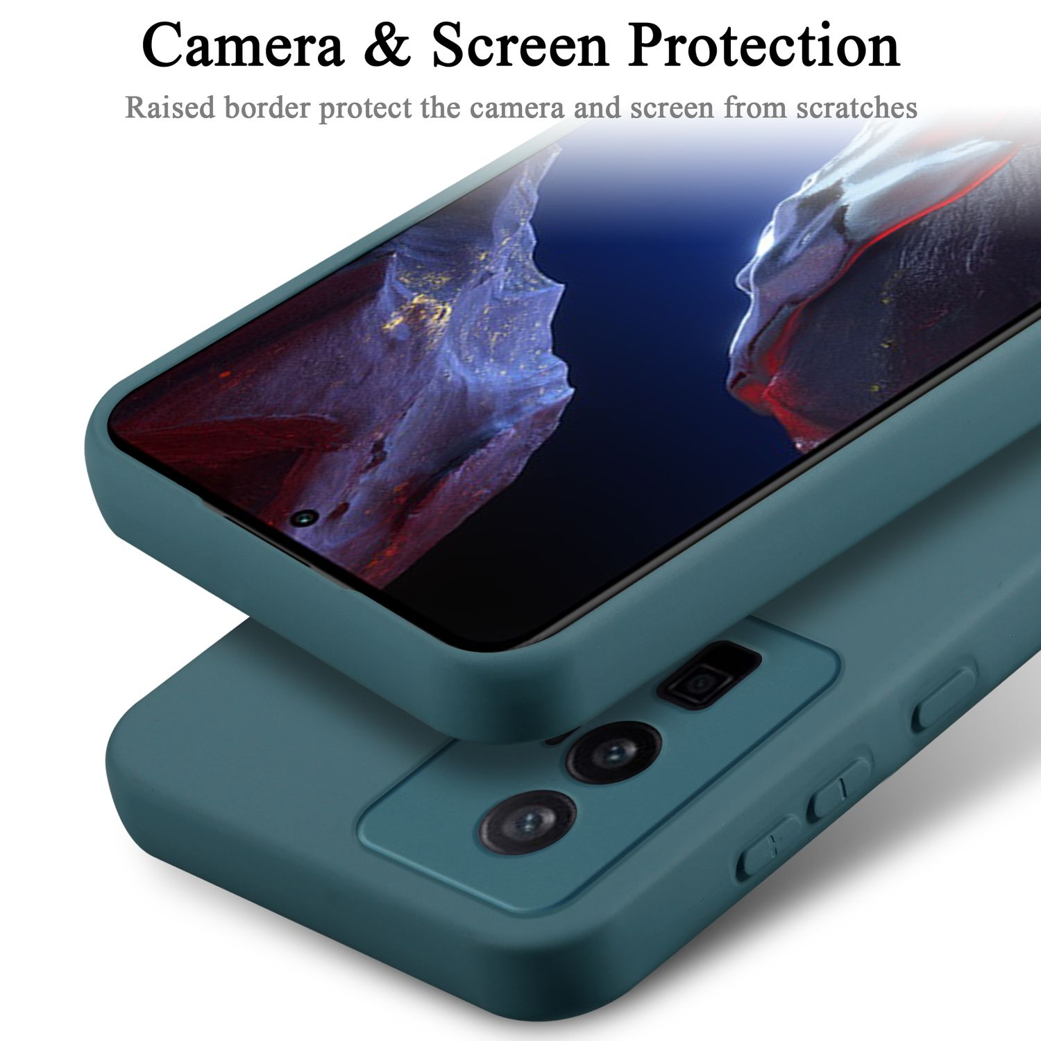 Custodia per telefono color teal con telefono che mostra uno schermo, con testo 'Camera & Screen Protection'.