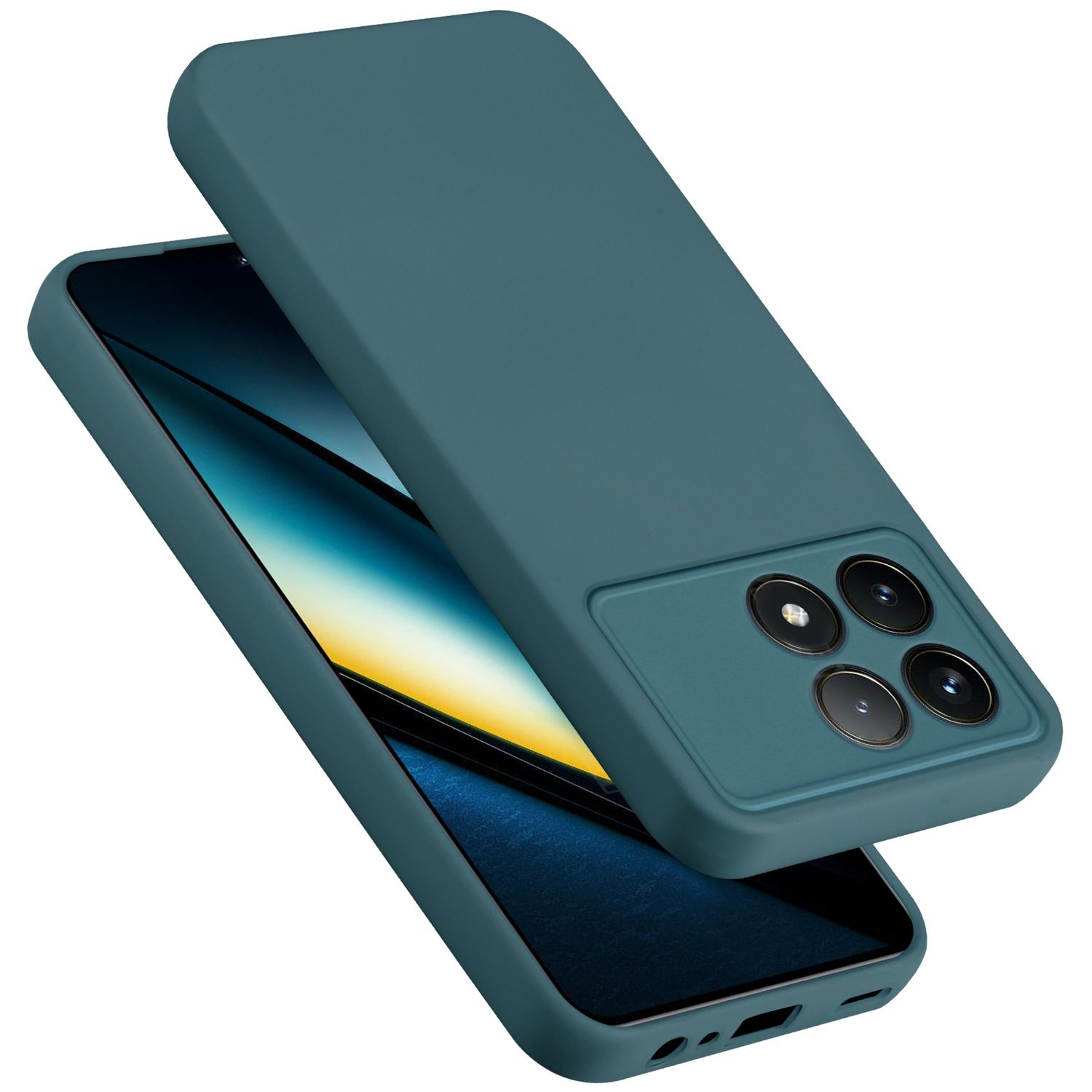 Eine türkisfarbene Handyhülle mit drei Kameralinsen auf einem Smartphone, über einem Smartphone-Bildschirm.