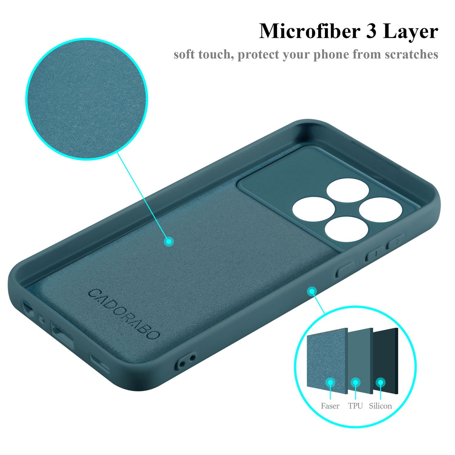 Türkisfarbene Handyhülle mit dem Markennamen 'CADORABO'. Es schützt das Telefon mit einem 3-Schicht-Mikrofasergewebe.