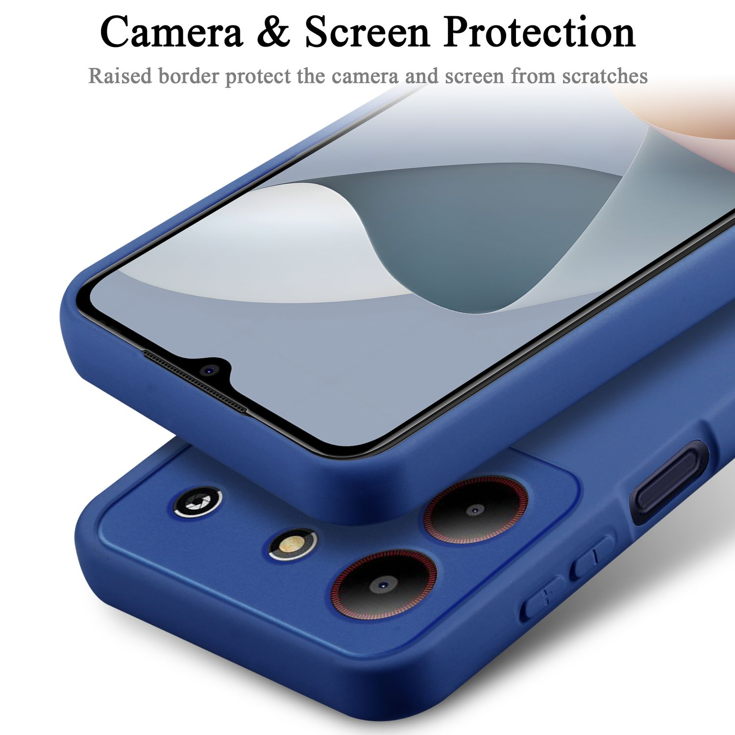 Una custodia blu scuro con protezione schermo trasparente. Bordi rialzati per la protezione della fotocamera.