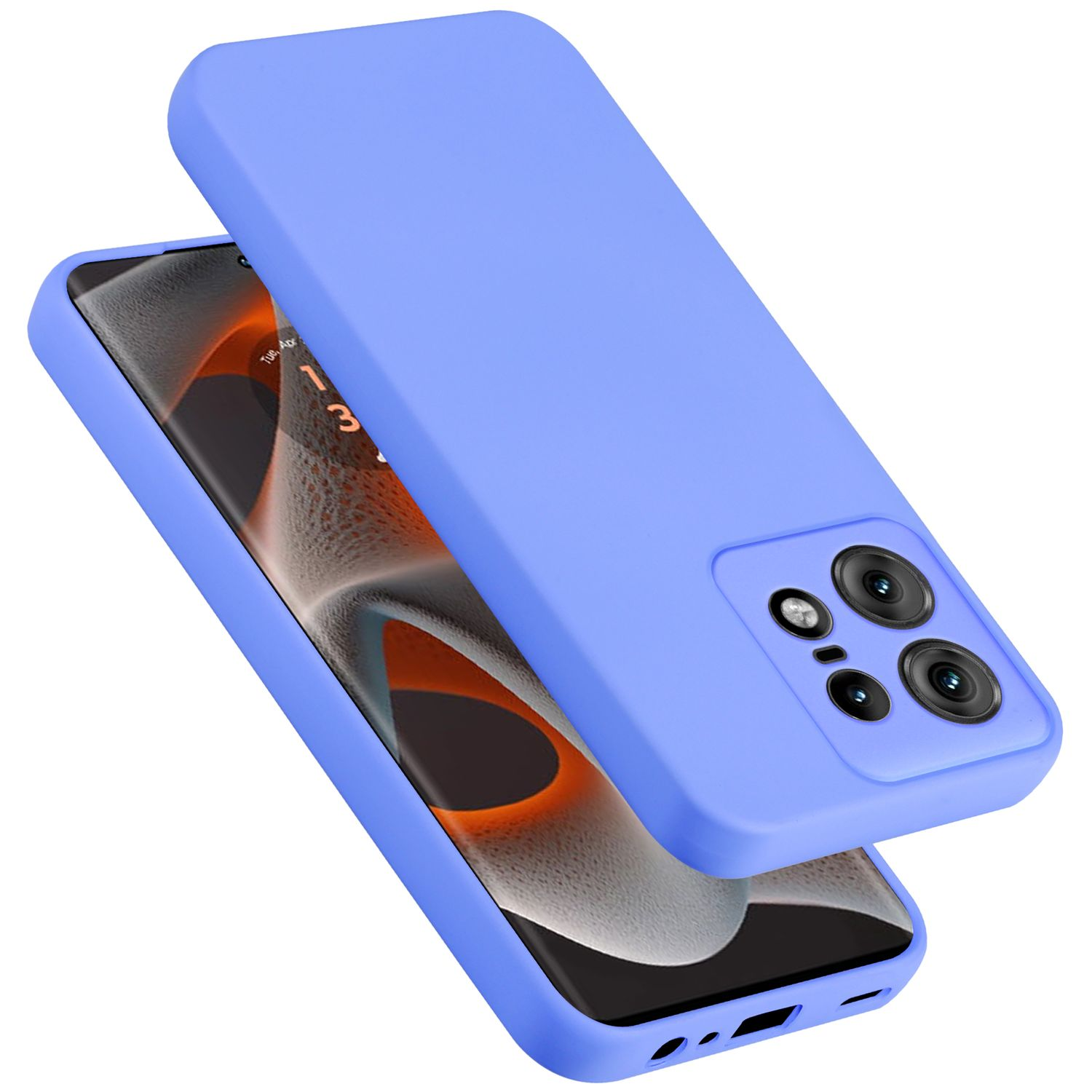 Custodia blu per telefono su sfondo bianco. La custodia copre retro e bordi.