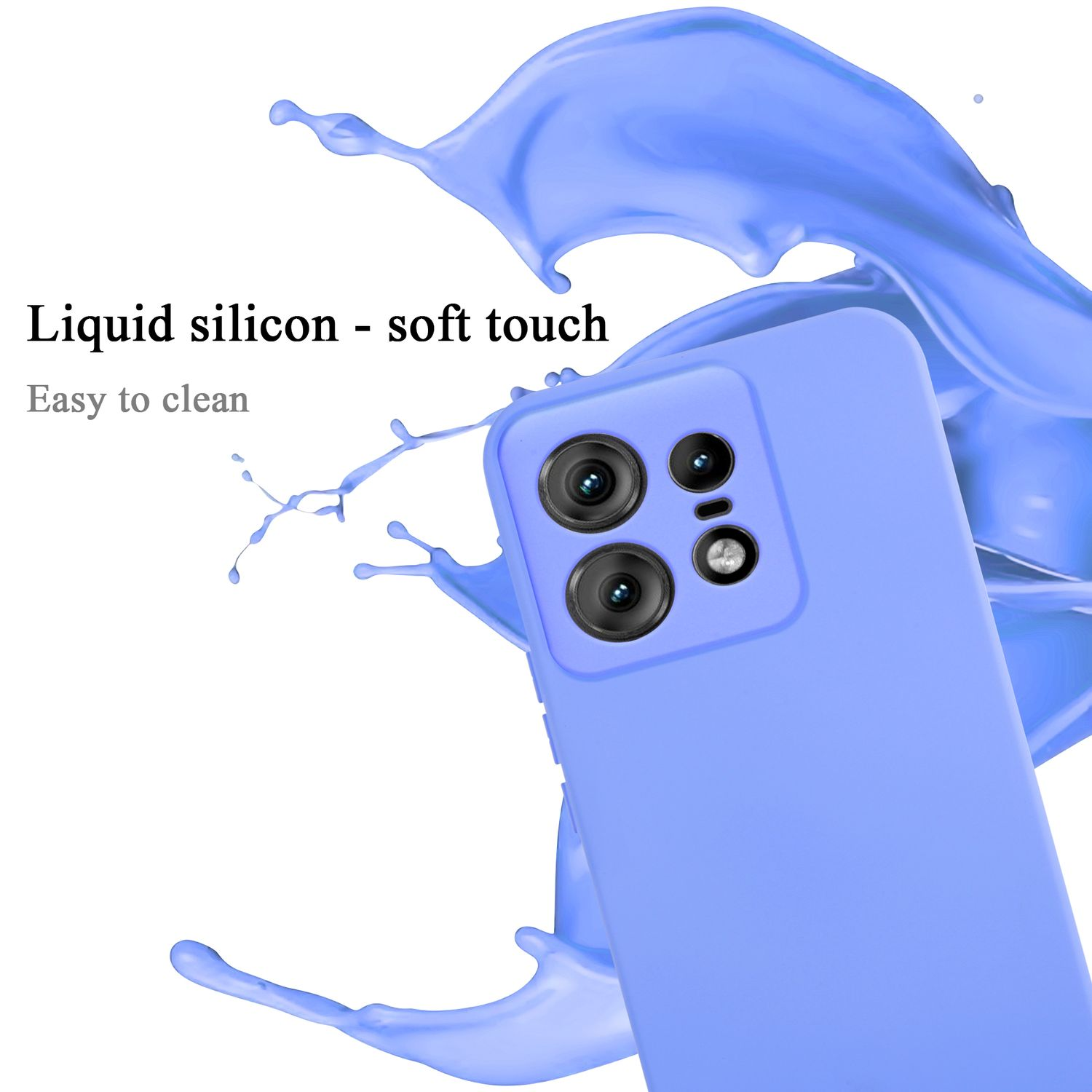 Una custodia per telefono viola chiaro con fotocamere. Testo: 'Liquid silicon - soft touch' e 'Easy to clean'.