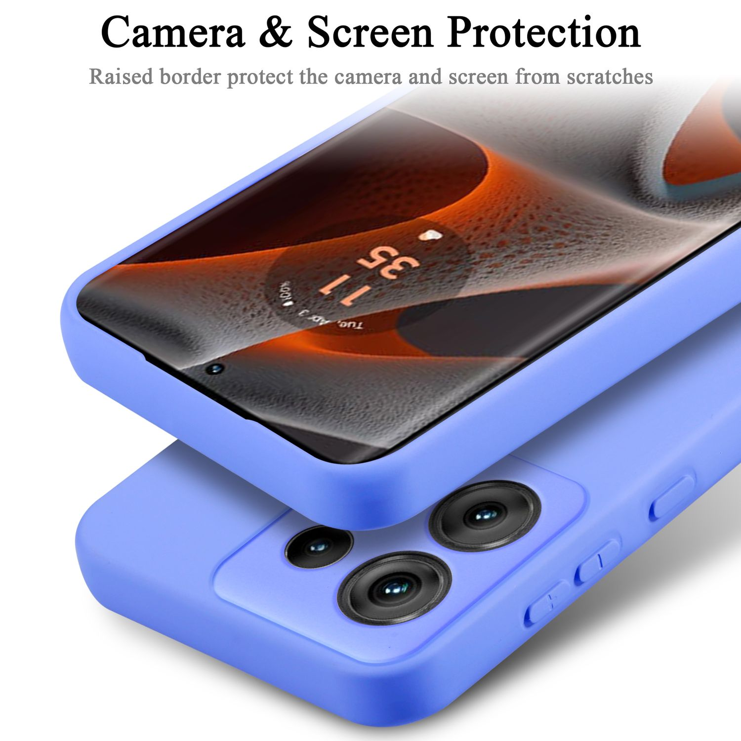 Custodia del telefono sul telefono, protegge la fotocamera e lo schermo. Custodia blu.