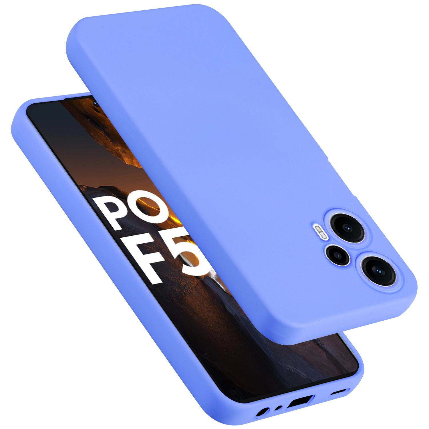 Una custodia per telefono azzurra è appoggiata sopra un telefono. Il telefono ha uno schermo nero e fotocamere.