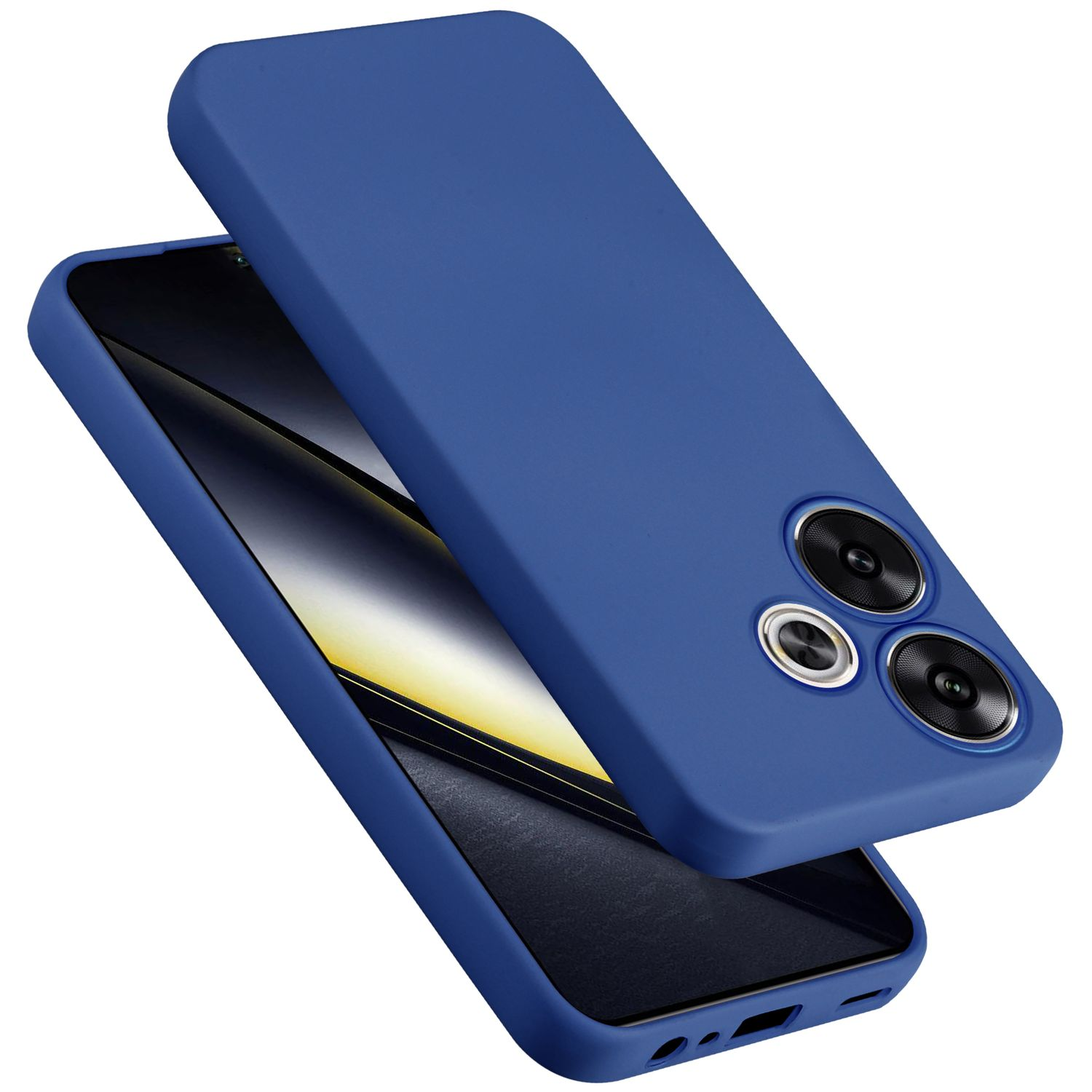Telefono blu con due fotocamere. Un altro telefono blu è posizionato sopra.