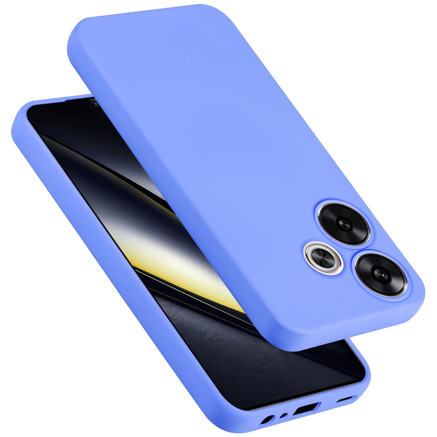 Custodia blu per telefono con ritagli per fotocamera e uno smartphone, con sfondo blu.