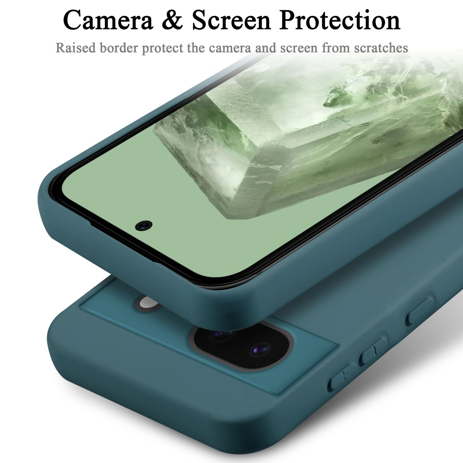 Custodia blu per telefono. La parte superiore della custodia è sopra. Lo schermo è visibile.