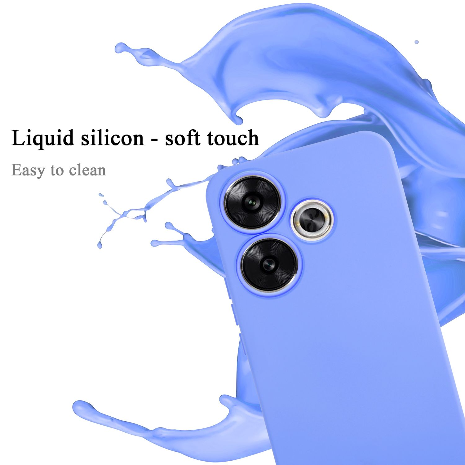 Una custodia per telefono viola chiaro con obiettivi a tripla fotocamera, con uno schizzo blu sullo sfondo.
