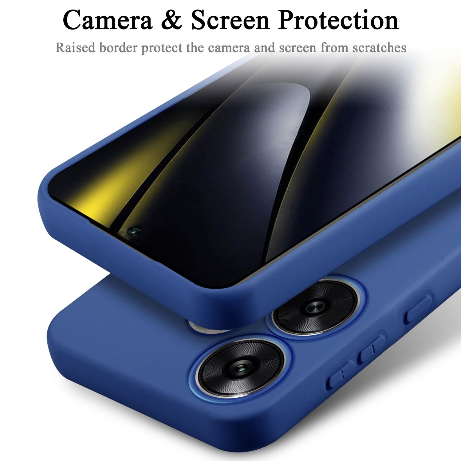 Custodia blu per telefono con due ritagli per la fotocamera, protegge fotocamera e schermo. La custodia è su una superficie bianca.