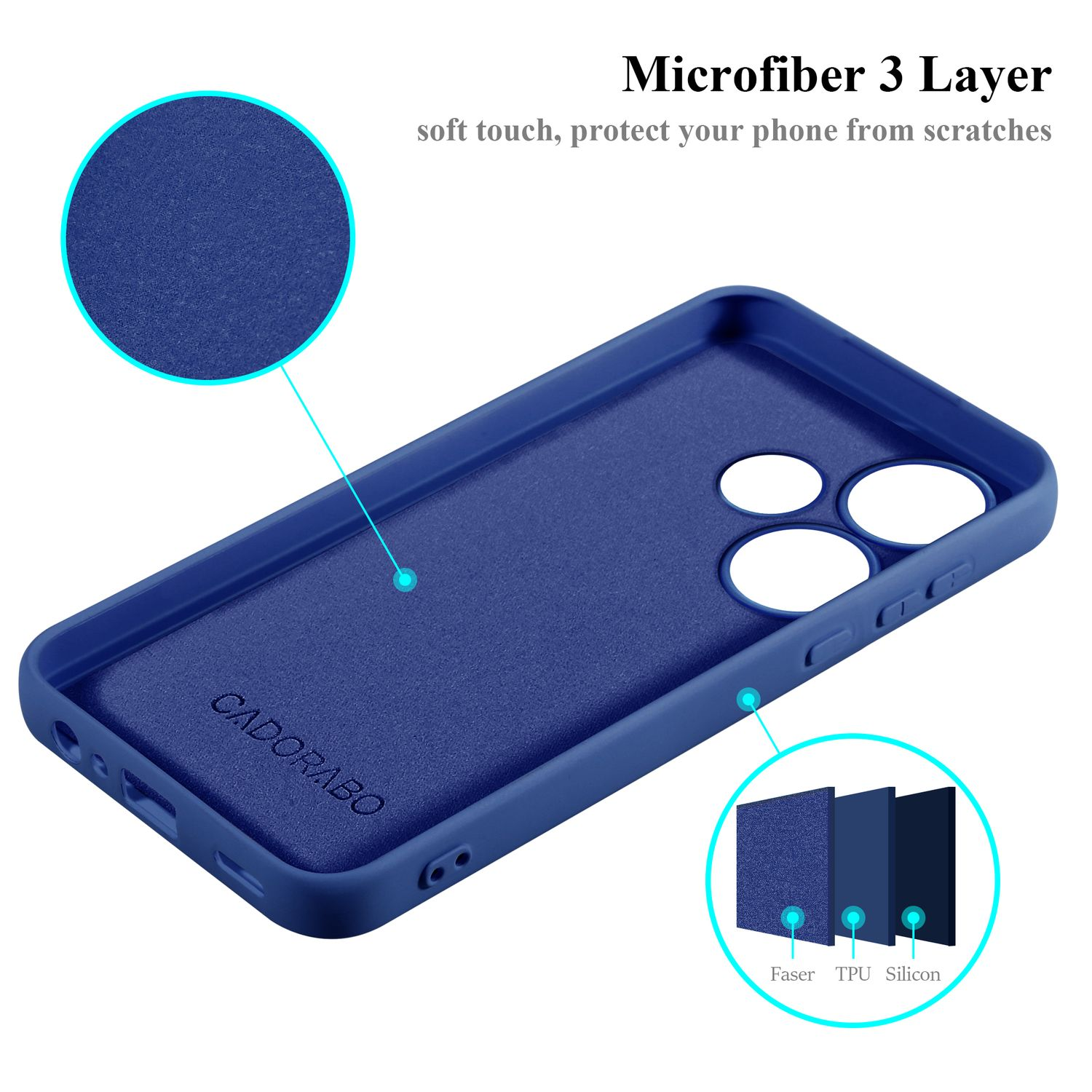 Una custodia blu per telefono, tre strati. La custodia dice CADORABO e gli strati sono Faser, TPU e Silicone.