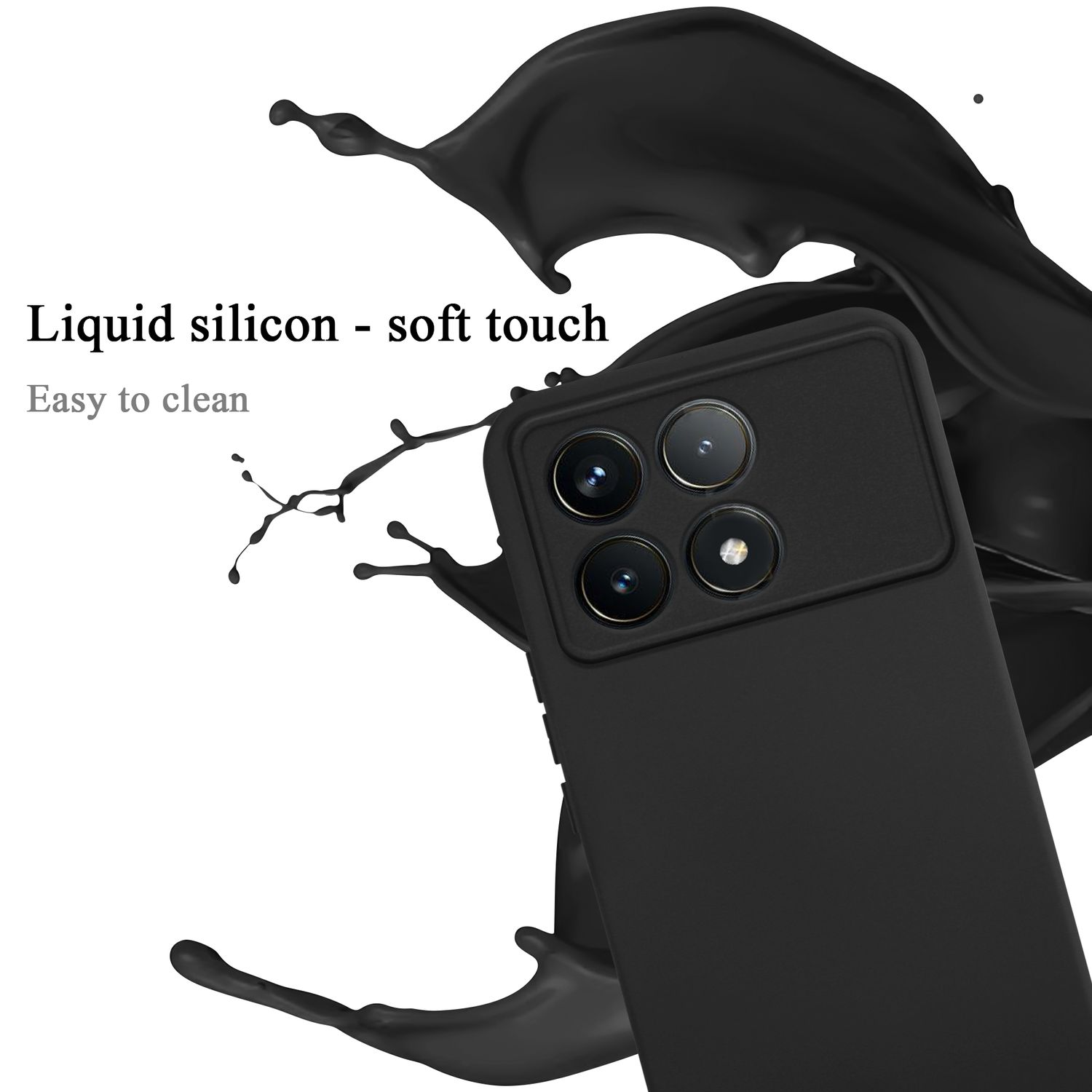 Schwarze Handyhülle mit Flüssigkeitsspritzer und Text über Soft-Touch.