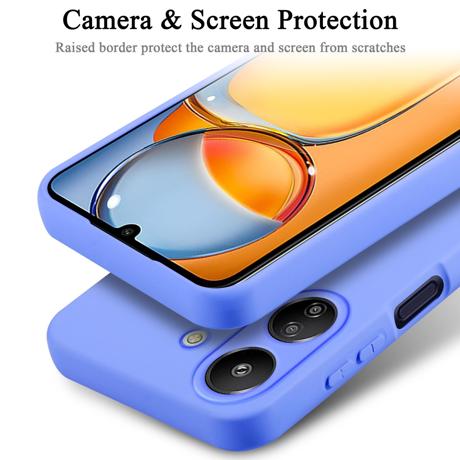 Primo piano di una custodia per telefono azzurra che protegge lo schermo e la fotocamera.