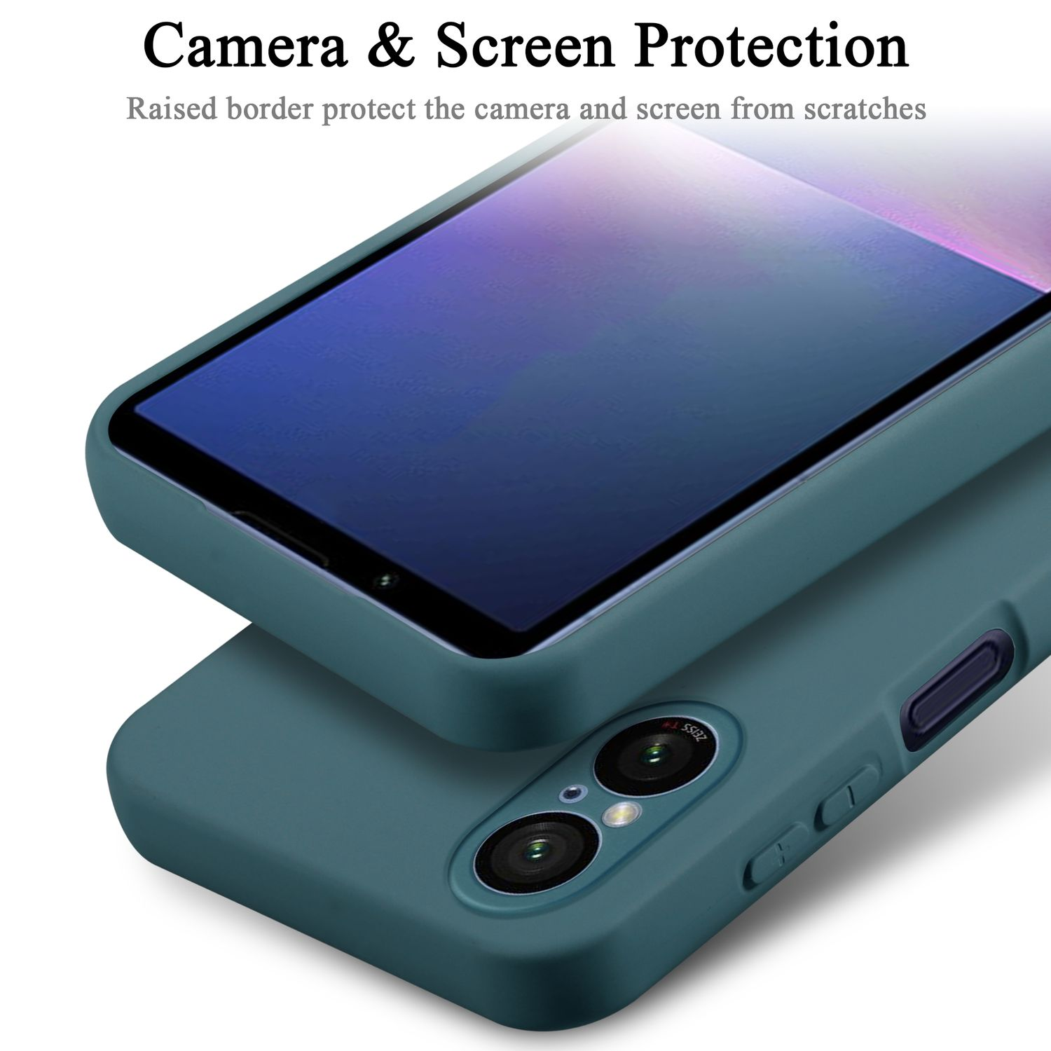 Due custodie per telefono verde acqua impilate, primo piano della fotocamera e dello schermo.