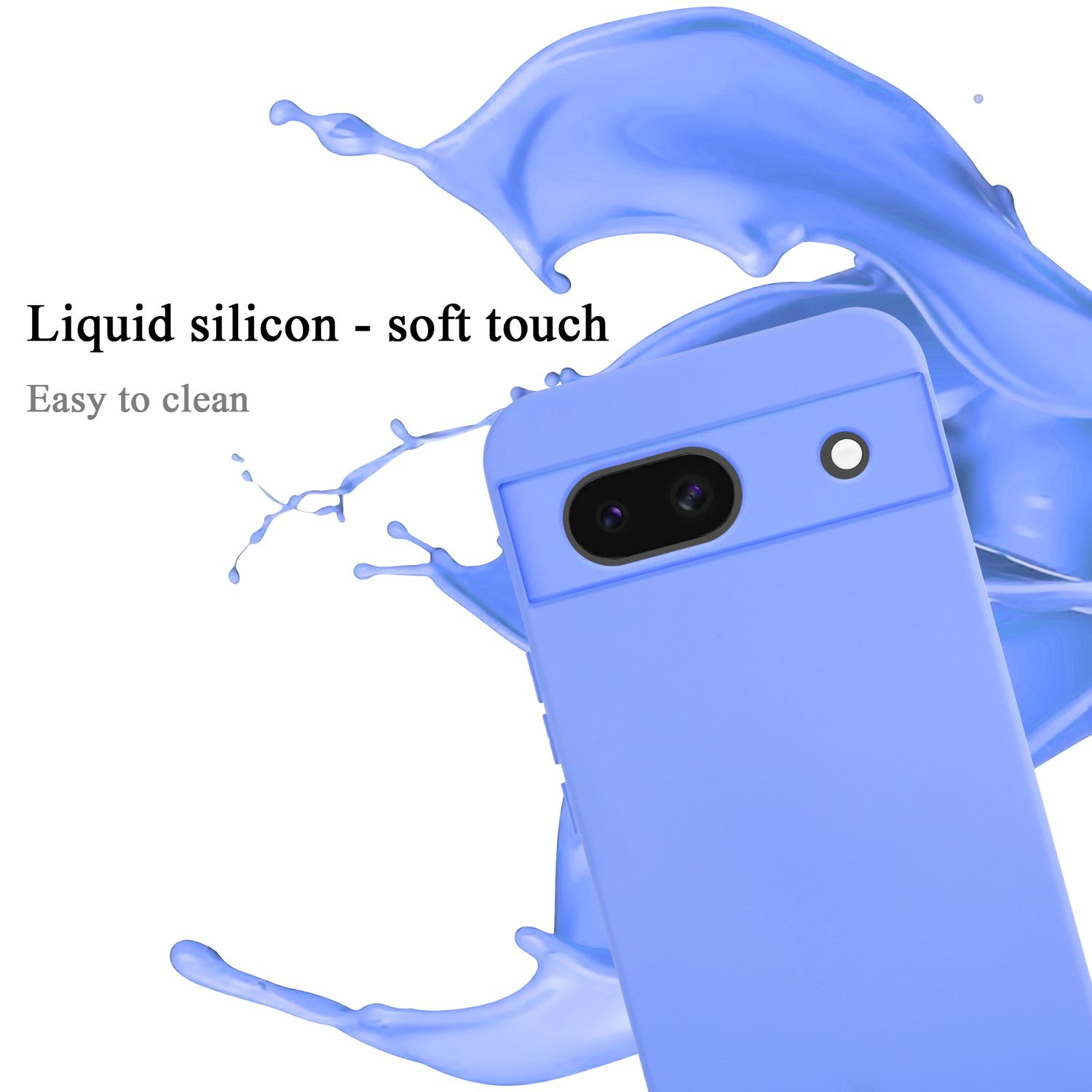 Una custodia per telefono lavanda con un ritaglio per la fotocamera, con un effetto di spruzzo di liquido.