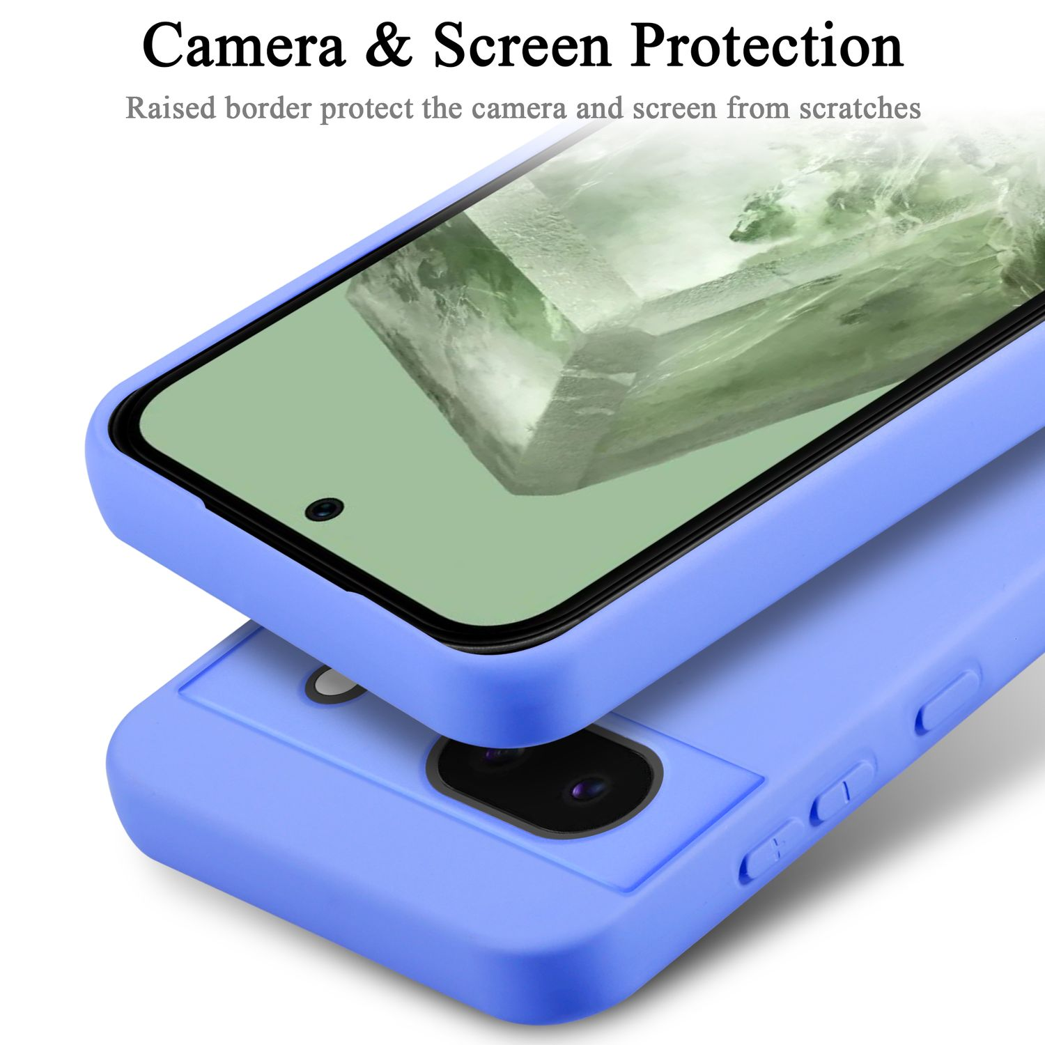 Una custodia per telefono azzurra, che protegge lo schermo e la fotocamera, con un bordo rialzato.