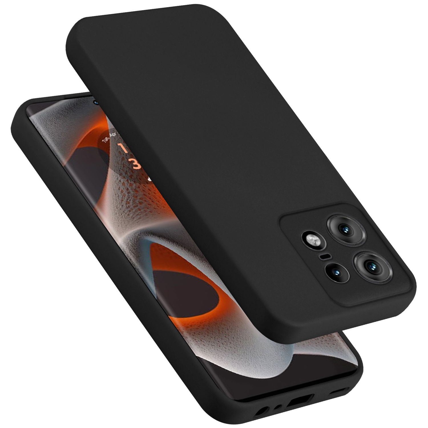 Telefono nero con custodia nera. Doppie fotocamere visibili. Sfondo bianco.