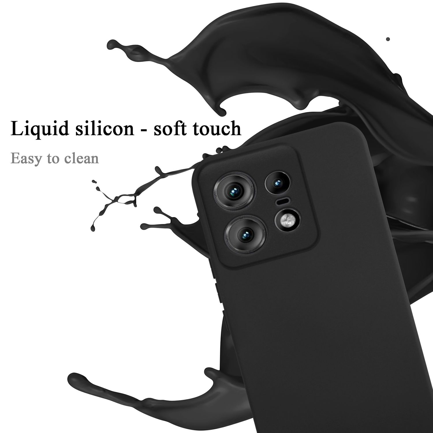 Custodia nera per telefono con effetto splash liquido. Ritagli per fotocamera e finitura soft touch.
