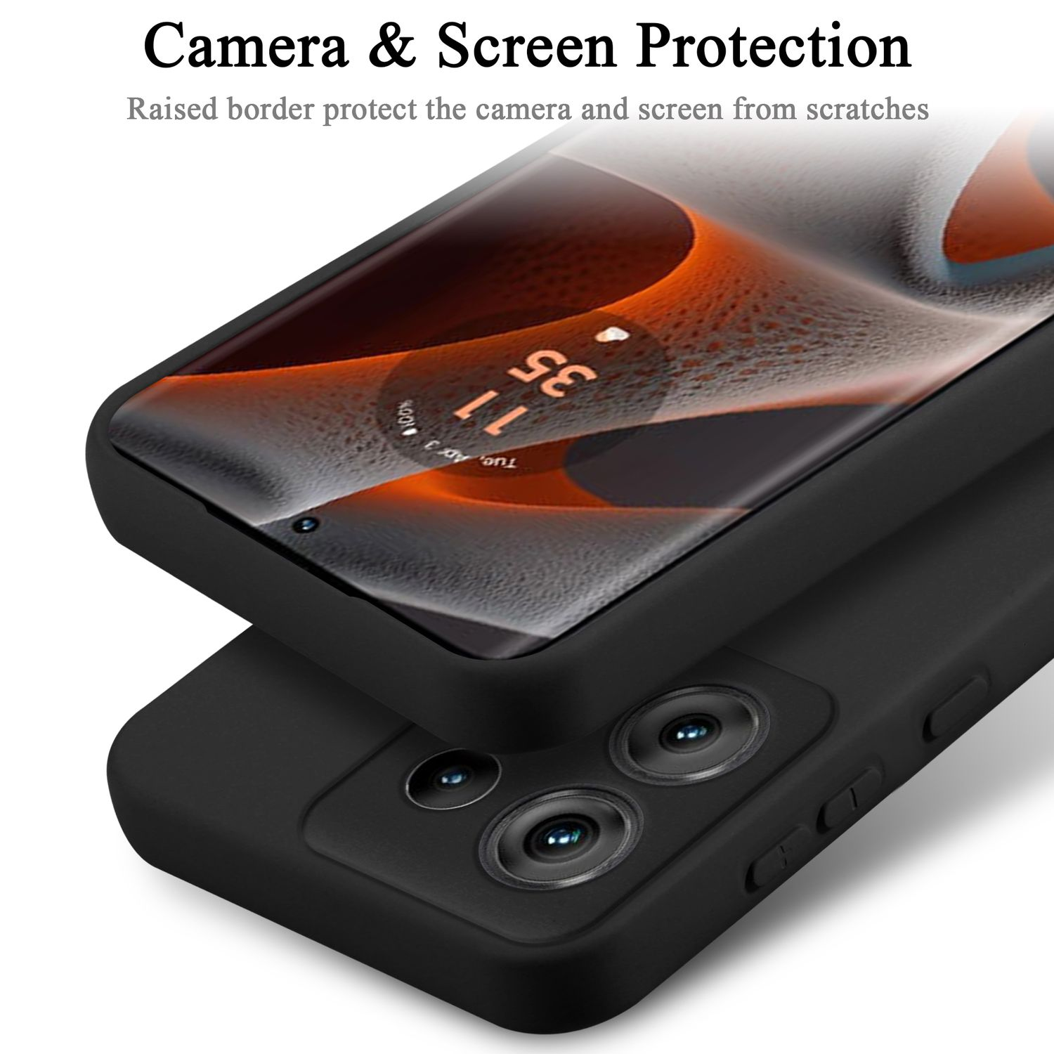 Due custodie per telefono nere impilate, protezione della fotocamera e dello schermo.